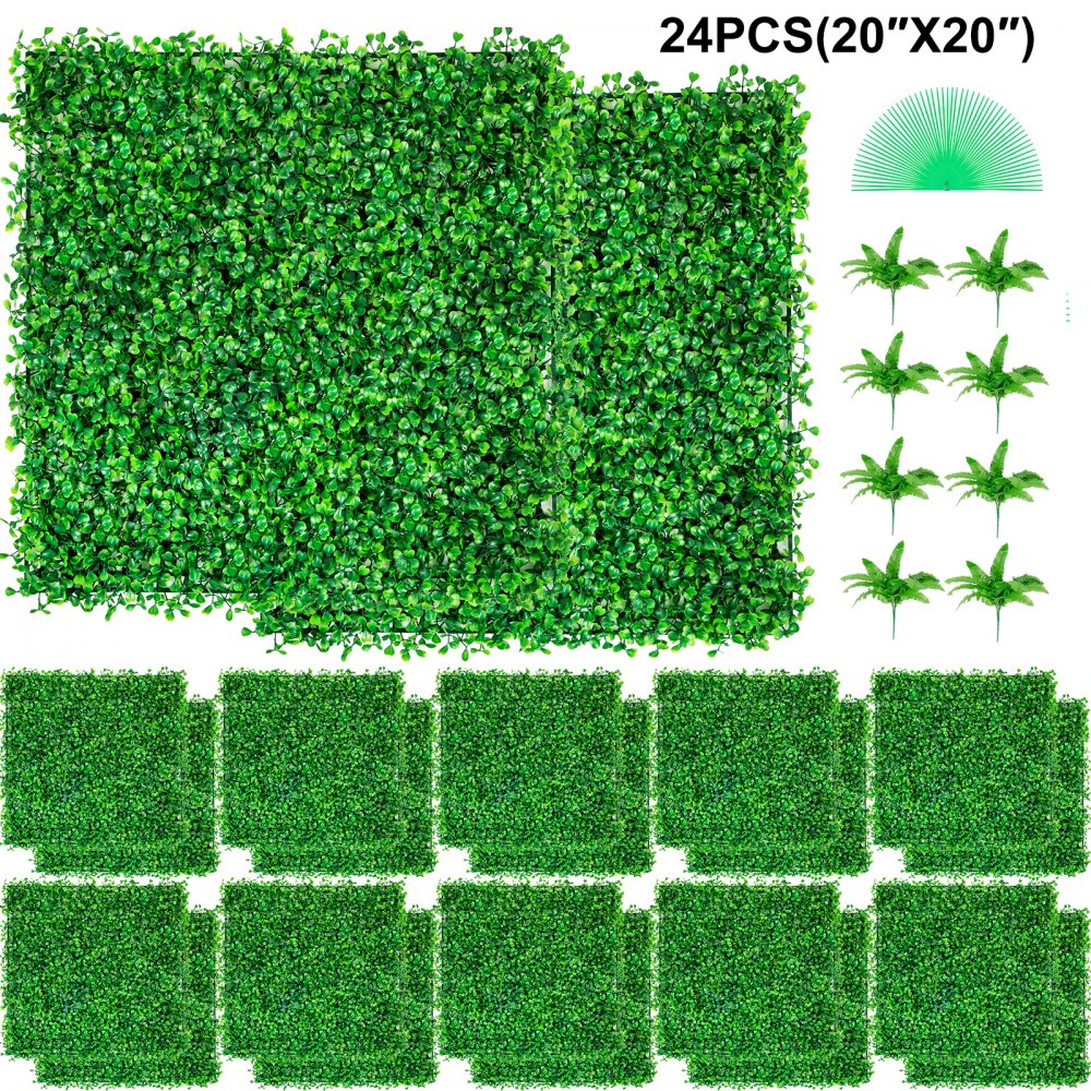 VEVOR Hierba Artificial Verde de 24 Piezas 61 x 40,6 cm, Panel de Boj de Hiedra Artificial de Alta Densidad contra UV y 100% PE, Plantas Artificiales Decorativas para Pared, Jardines, Patio Trasero
