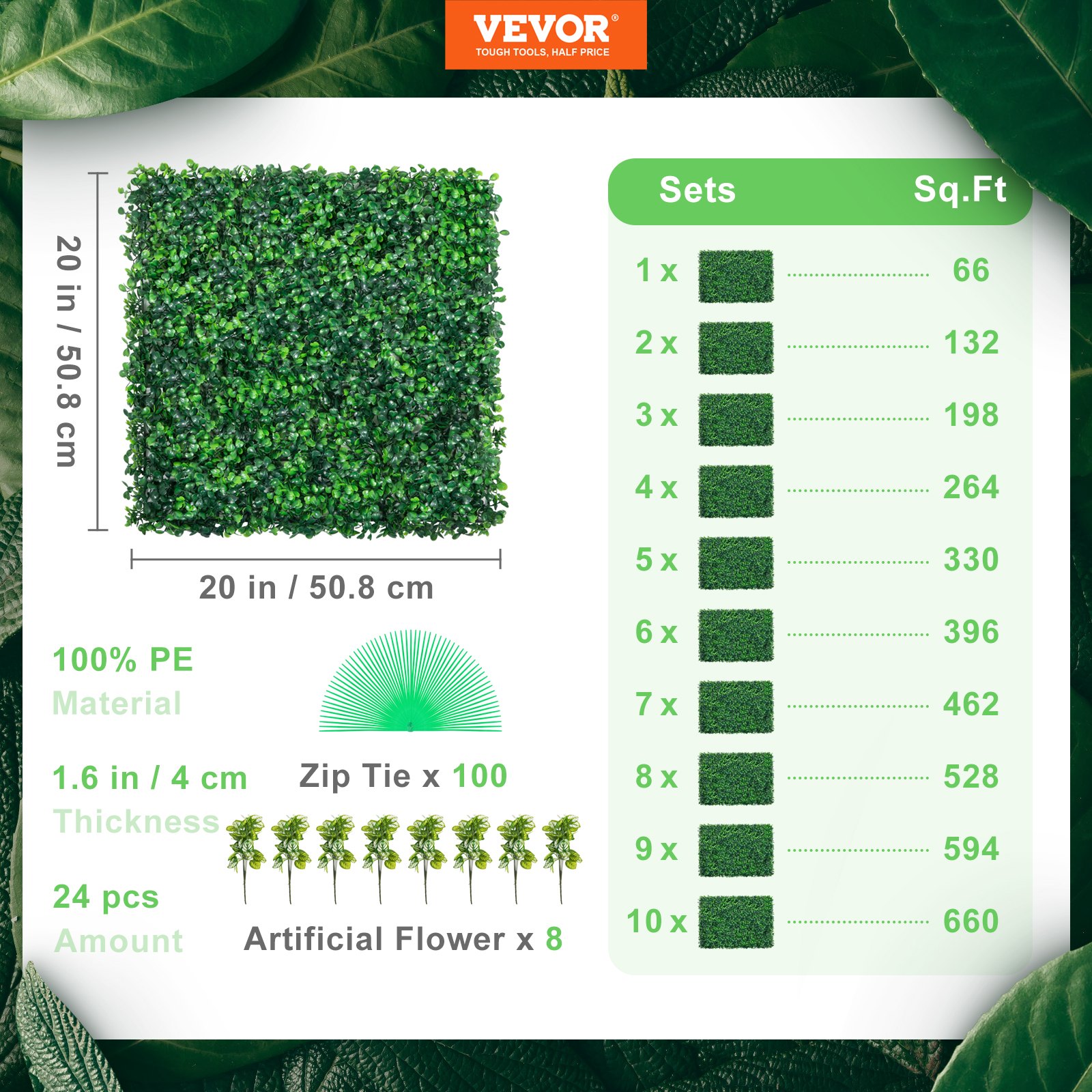 VEVOR Hierba Artificial Verde de 24 Piezas 61 x 40,6 cm, Panel de Boj de Hiedra Artificial de Alta Densidad contra UV y 100% PE, Plantas Artificiales Decorativas para Pared, Jardines, Patio Trasero