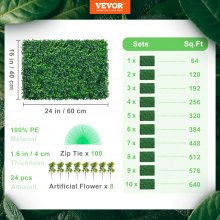 VEVOR Hierba Artificial Verde de 24 Piezas 61 x 40,6 cm, Panel de Boj de Hiedra Artificial de Alta Densidad contra UV y 100% PE, Plantas Artificiales Decorativas para Pared, Jardines, Patio Trasero