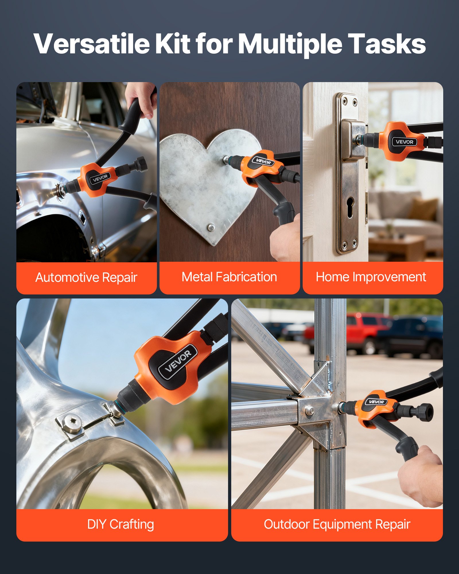 VEVOR Remachadora Manual, Kit Completo para Instalación y Reparación en Casa, Alicates para Tuercas Remachables, 7 Mandriles Métricos y SAE, 70 Tuercas y Estuche de Transporte, 340 x 160 x 45 mm