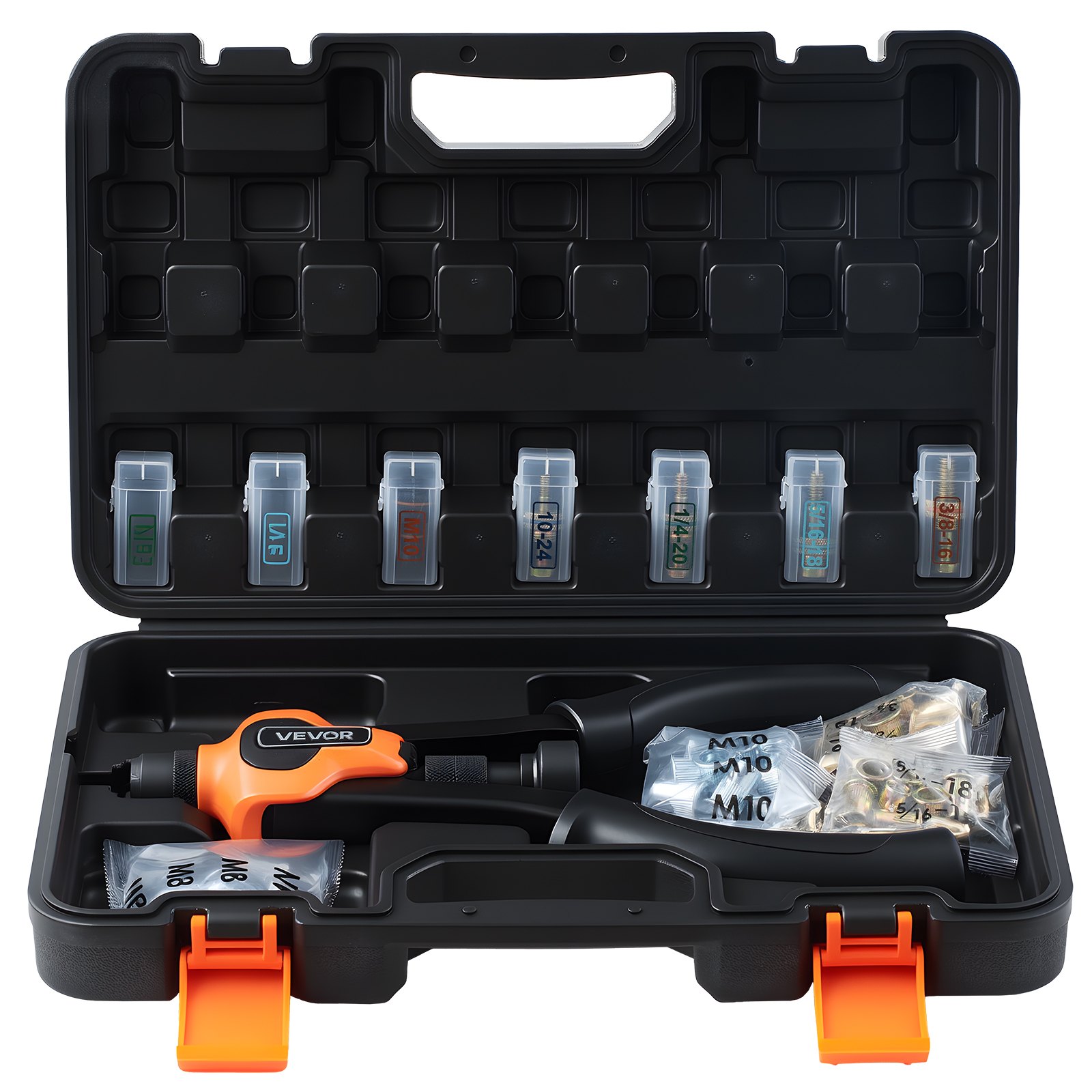 VEVOR Remachadora Manual, Kit Completo para Instalación y Reparación en Casa, Alicates para Tuercas Remachables, 7 Mandriles Métricos y SAE, 70 Tuercas y Estuche de Transporte, 340 x 160 x 45 mm