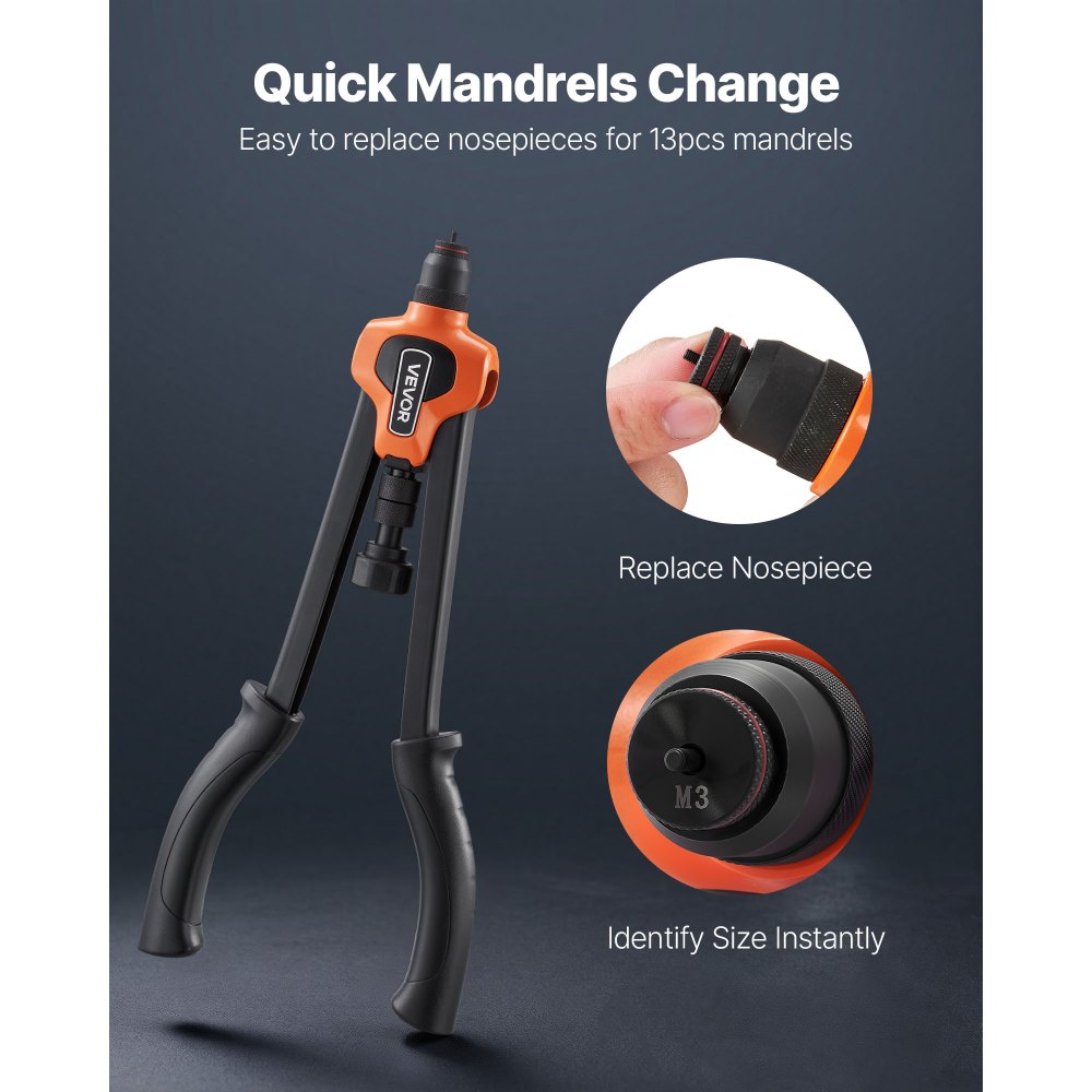 VEVOR Remachadora Manual de 42 cm, Kit Completo para Instalación y Reparación en Casa, con 13 Mandriles Métricos y SAE, 130 Tuercas y Estuche de Transporte, 420 x 160 x 45 mm, Naranja y Negro