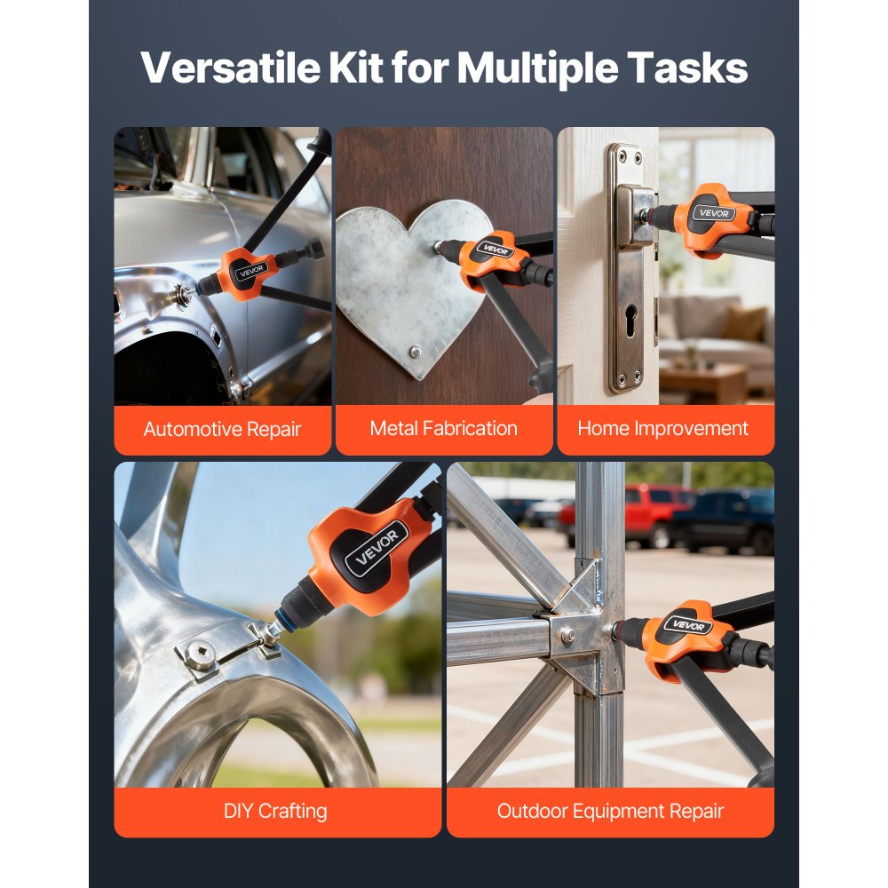 VEVOR Remachadora Manual de 42 cm, Kit Completo para Instalación y Reparación en Casa, con 13 Mandriles Métricos y SAE, 130 Tuercas y Estuche de Transporte, 420 x 160 x 45 mm, Naranja y Negro