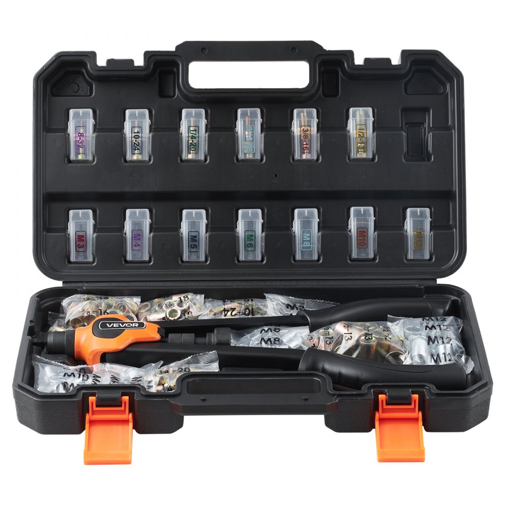 VEVOR Remachadora Manual de 42 cm, Kit Completo para Instalación y Reparación en Casa, con 13 Mandriles Métricos y SAE, 130 Tuercas y Estuche de Transporte, 420 x 160 x 45 mm, Naranja y Negro