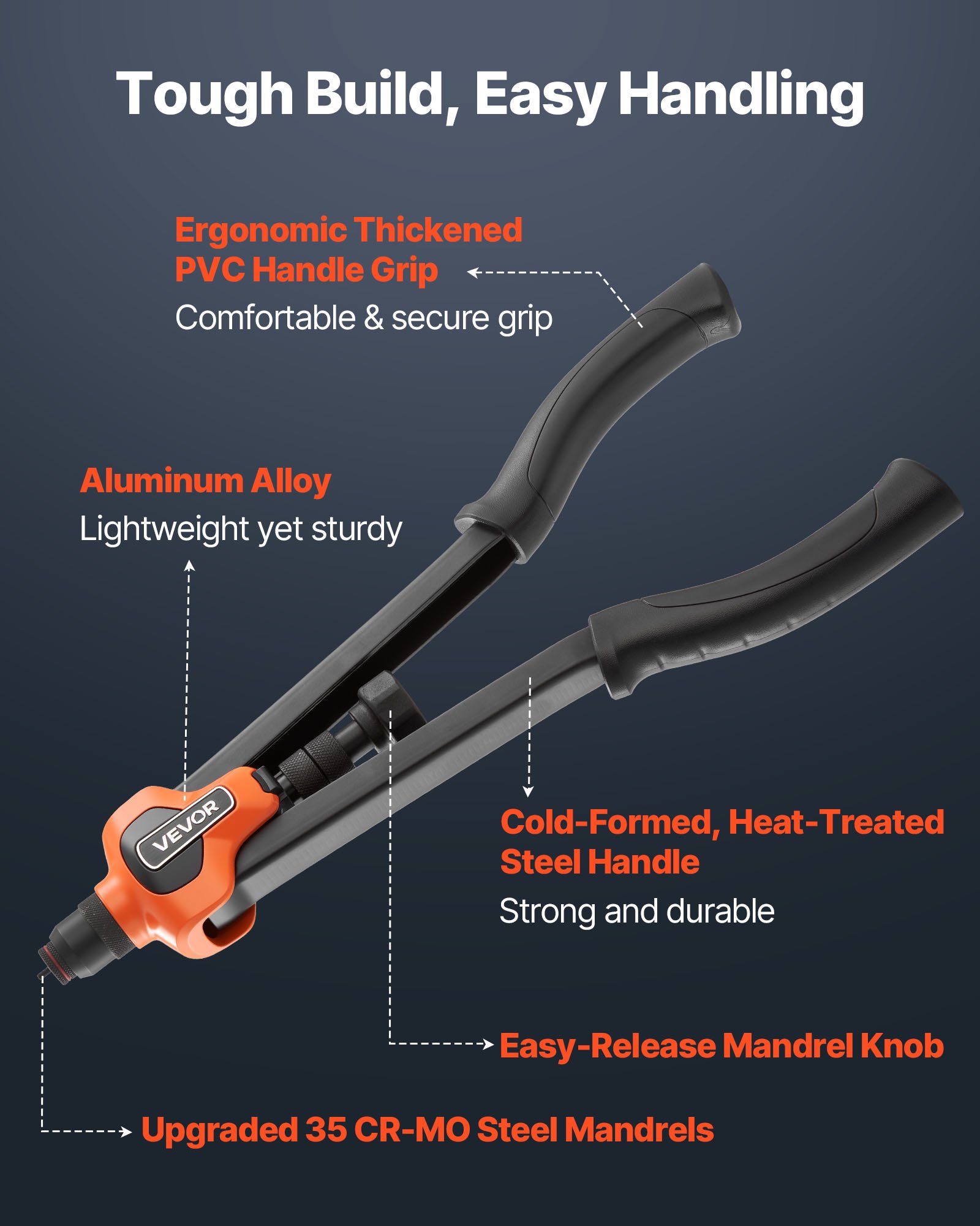 VEVOR Remachadora Manual de 42 cm, Kit Completo para Instalación y Reparación en Casa, con 13 Mandriles Métricos y SAE, 130 Tuercas y Estuche de Transporte, 420 x 160 x 45 mm, Naranja y Negro