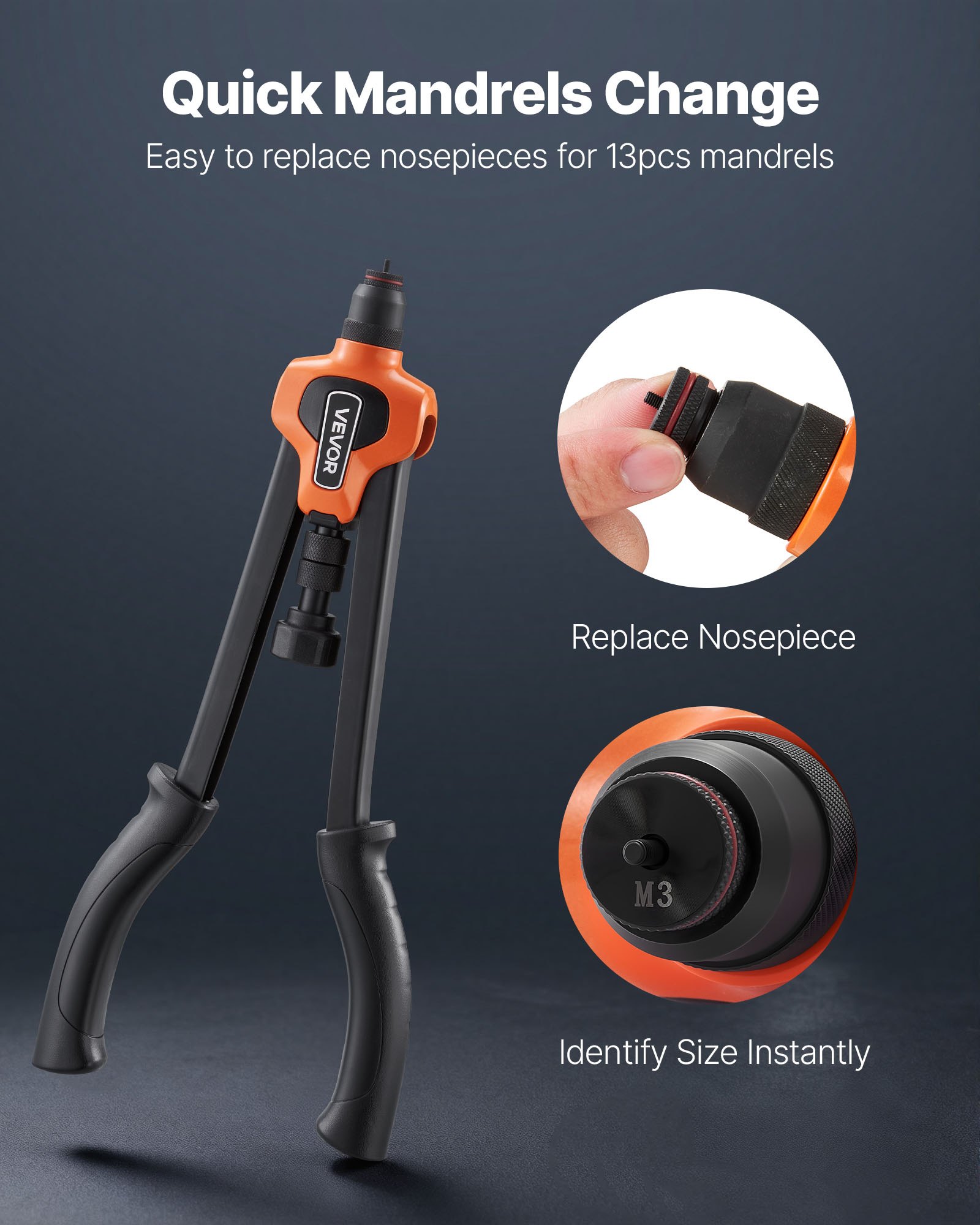 VEVOR Remachadora Manual de 42 cm, Kit Completo para Instalación y Reparación en Casa, con 13 Mandriles Métricos y SAE, 130 Tuercas y Estuche de Transporte, 420 x 160 x 45 mm, Naranja y Negro