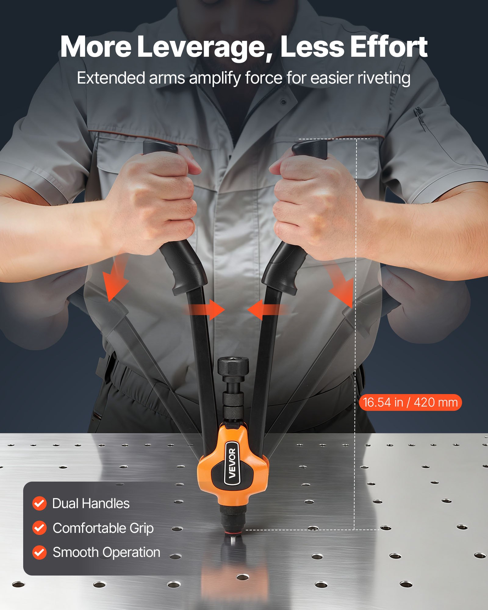 VEVOR Remachadora Manual de 42 cm, Kit Completo para Instalación y Reparación en Casa, con 13 Mandriles Métricos y SAE, 130 Tuercas y Estuche de Transporte, 420 x 160 x 45 mm, Naranja y Negro