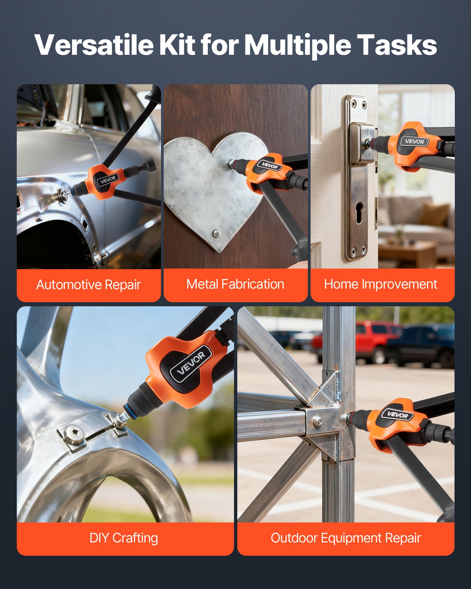 VEVOR Remachadora Manual de 42 cm, Kit Completo para Instalación y Reparación en Casa, con 13 Mandriles Métricos y SAE, 130 Tuercas y Estuche de Transporte, 420 x 160 x 45 mm, Naranja y Negro