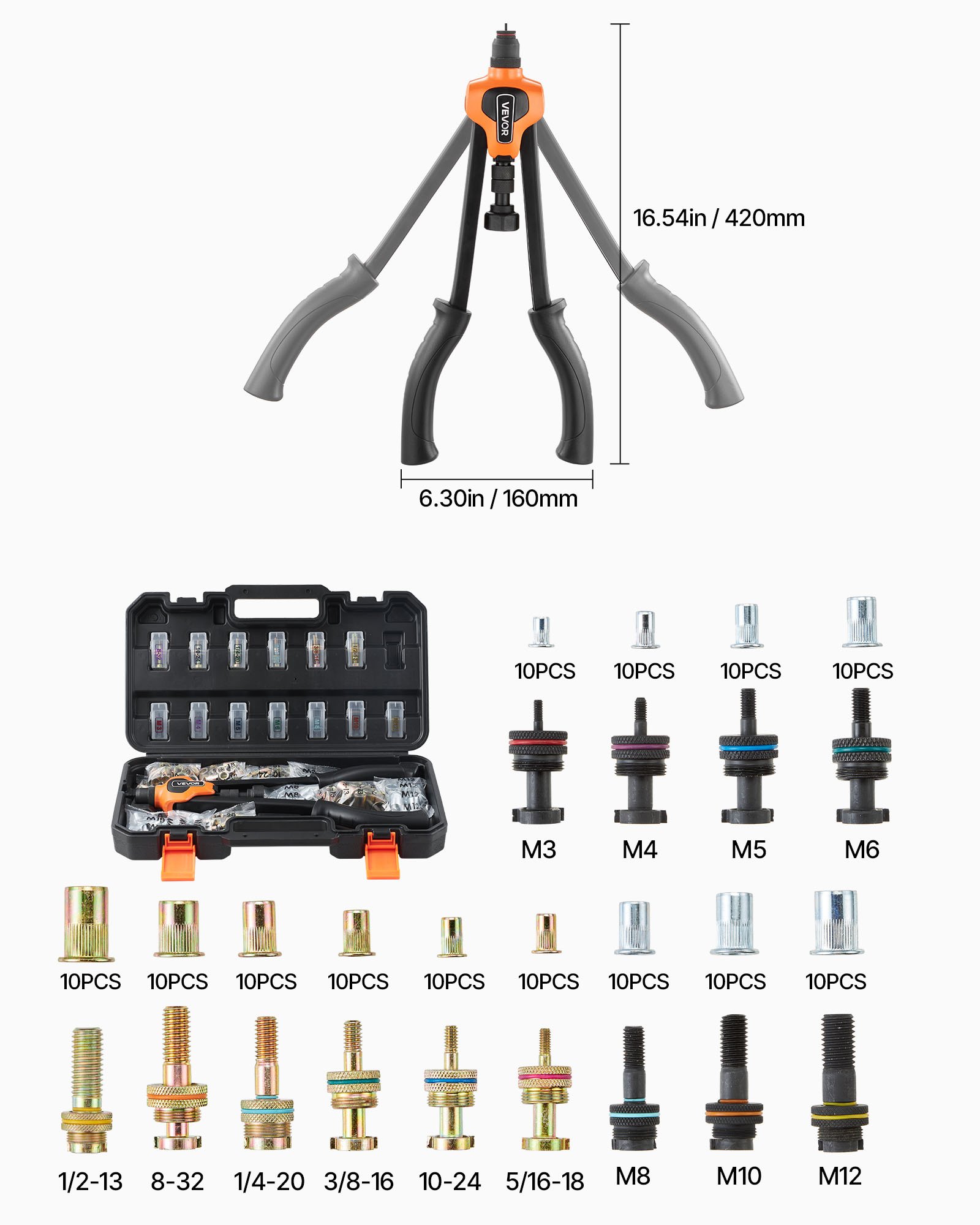 VEVOR Remachadora Manual de 42 cm, Kit Completo para Instalación y Reparación en Casa, con 13 Mandriles Métricos y SAE, 130 Tuercas y Estuche de Transporte, 420 x 160 x 45 mm, Naranja y Negro