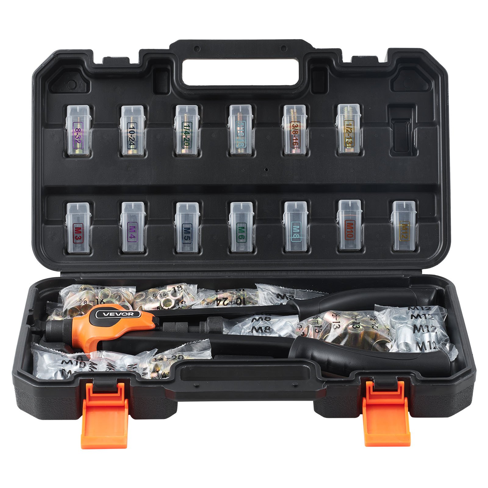 VEVOR Remachadora Manual de 42 cm, Kit Completo para Instalación y Reparación en Casa, con 13 Mandriles Métricos y SAE, 130 Tuercas y Estuche de Transporte, 420 x 160 x 45 mm, Naranja y Negro
