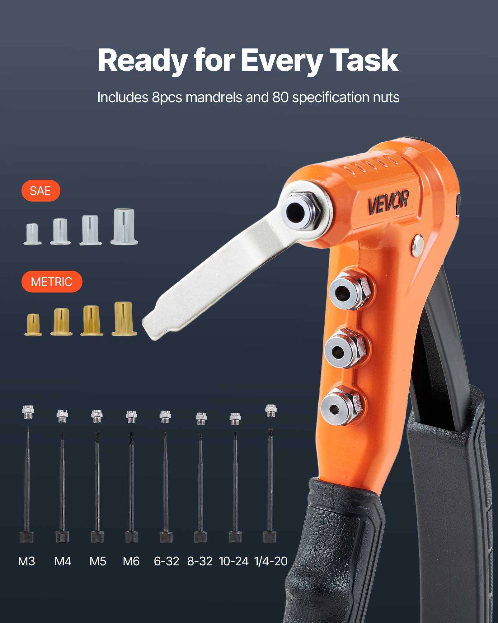 VEVOR Remachadora Manual de 23 cm, Kit Completo para Bricolaje Doméstico, con 8 Mandriles, 1 Broca Escalonada y 80 Tuercas, Medidas Métricas y SAE M3, M4, M5, M6, 6-32, 8-32, 10-24, 1/4-20 UNC