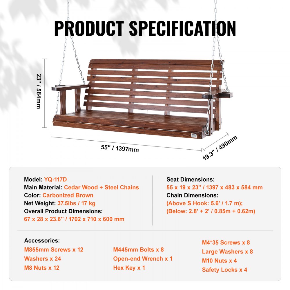 VEVOR Columpio de Madera para Porche 170x71x60cm, Columpio de Banco para Patio y Jardín, Capacidad de Carga Fuerte Mejorada de 880 Libras, Banco de Silla con Cadenas Colgantes para Exteriores, Marrón