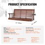 VEVOR Columpio de Madera para Porche 170x71x60cm, Columpio de Banco para Patio y Jardín, Capacidad de Carga Fuerte Mejorada de 880 Libras, Banco de Silla con Cadenas Colgantes para Exteriores, Marrón