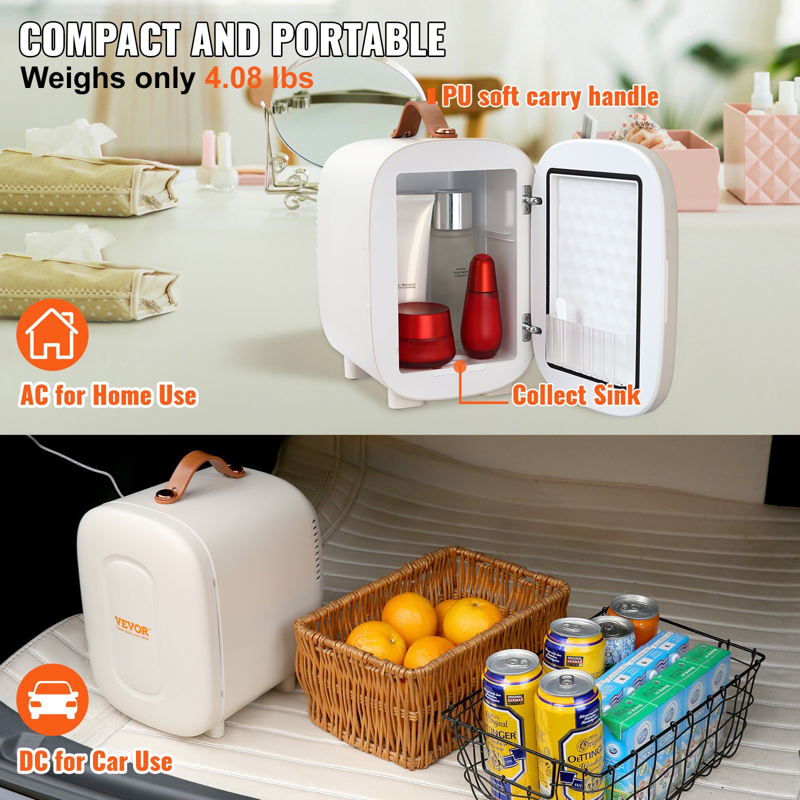 VEVOR Mini Frigorífico Cosmético 4 L 6 Latas de 330 ml Mini Refrigerador Portátil Modo de Frío y Calor Temperatura de 18°C/50°C Frigorifico Pequeño para Alimentos Bebidas Medicinas Cosméticos, Blanco