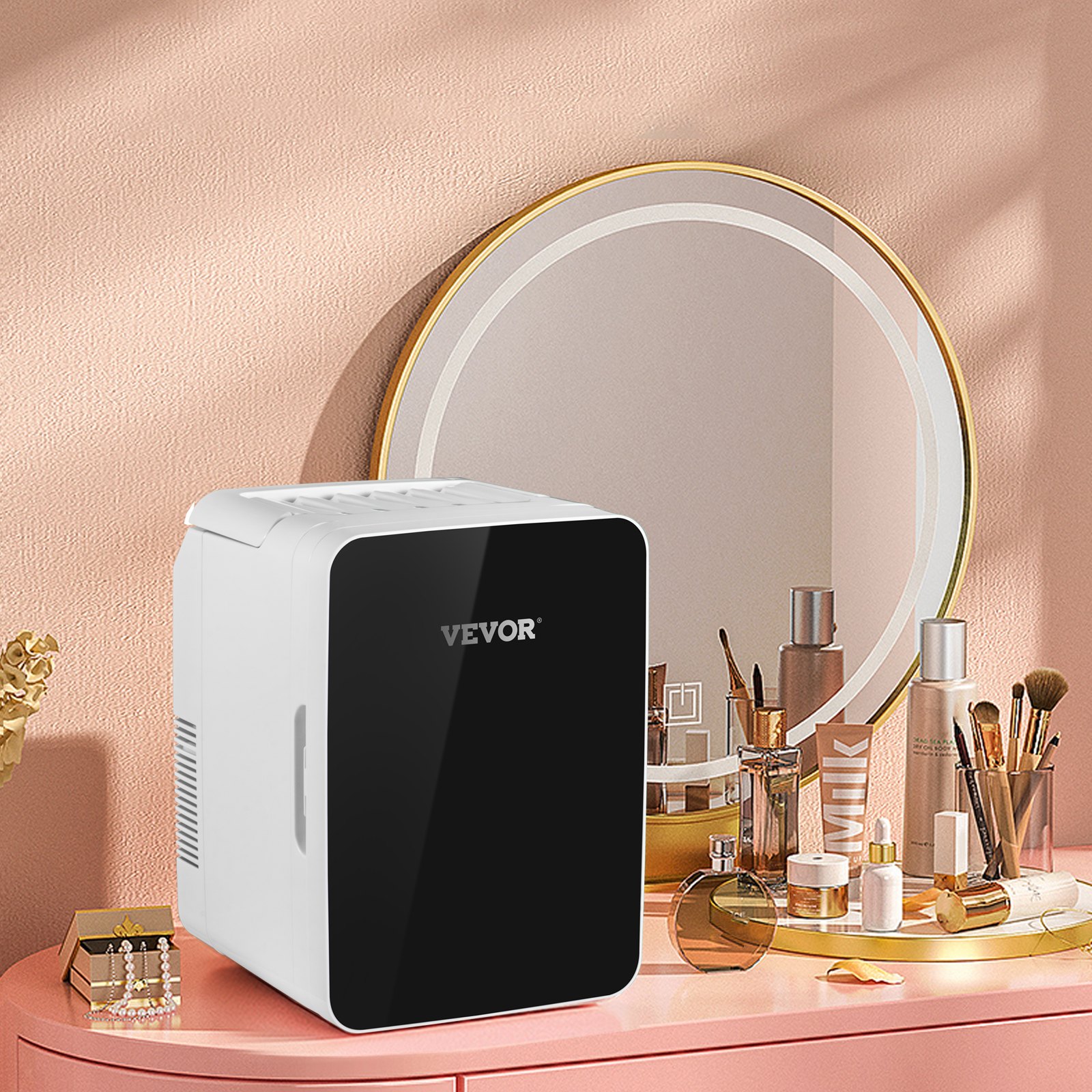 VEVOR Mini Nevera Pequeña Portátil 220V/12V 48W 10L Mini Refrigerador Compacto 26x25x35cm Mini-Frigorífico Portátil Negro con Función de Frío y Calor para Maquillaje Cuidado la Piel Material ABS Coche