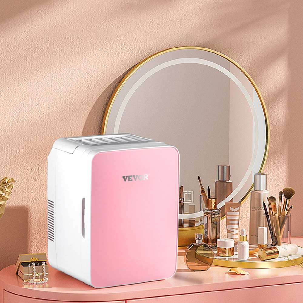VEVOR Mini Nevera Pequeña Portátil 220V/12V 48W 10L Mini Refrigerador Compacto 26x25x35cm Mini-Frigorífico Portátil Rosa con Función de Frío y Calor para Maquillaje Cuidado la Piel Material ABS Coche