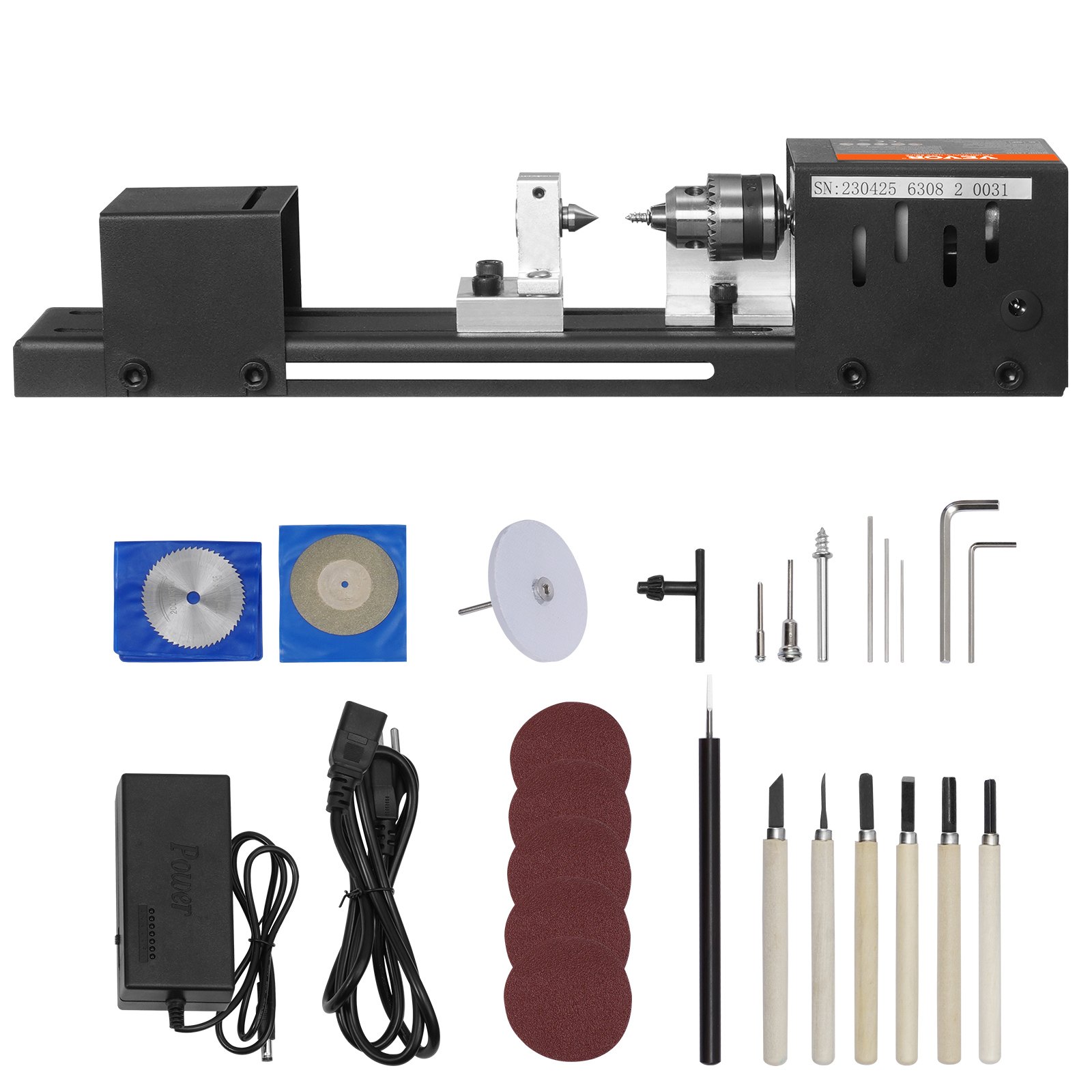 VEVOR Mini Torno de Madera 70x160 mm Torno Eléctrico de Madera 24 V 96 W Fresadora Accesorios 7 Velocidades 4220/5300/5650/6350/6660/7050/8450 rpm Herramienta Rotativa para Madera DIY 350x60x80 mm