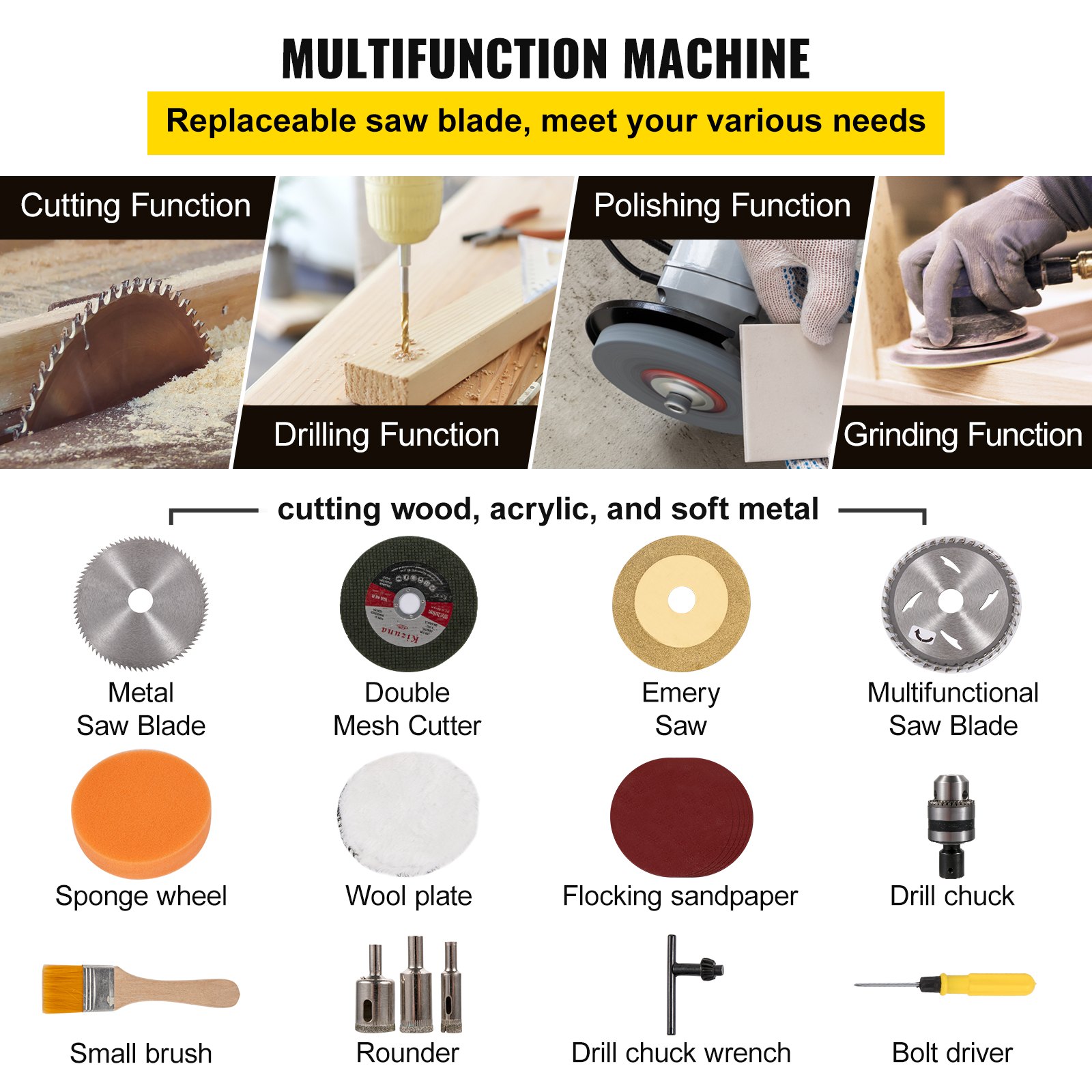VEVOR Mini Juego de Sierra de Mesa Multifuncional 96 W 10000 r / min Sierras Eléctricas de Escritorio Profundidad de Corte 33 mm Herramienta de Corte de Escritorio Multifuncional para Corte Acrílico
