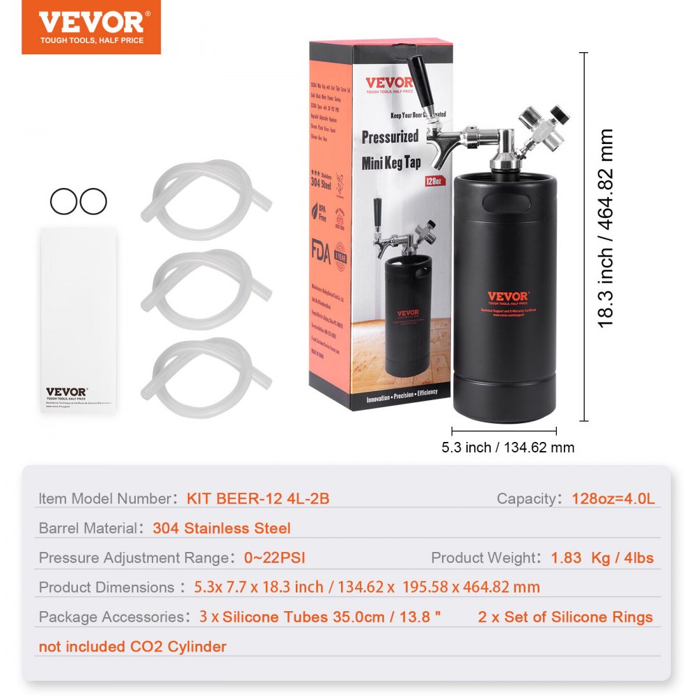 VEVOR Mini Barril de Cerveza Portátil 4 L Mini Barril Presión Ajustable 0~30 PSI de Acero Inoxidable Sistema de Grifo Aislado a Presión para Mantener Cerveza Carbonatada Fresca para Camping Pícnic
