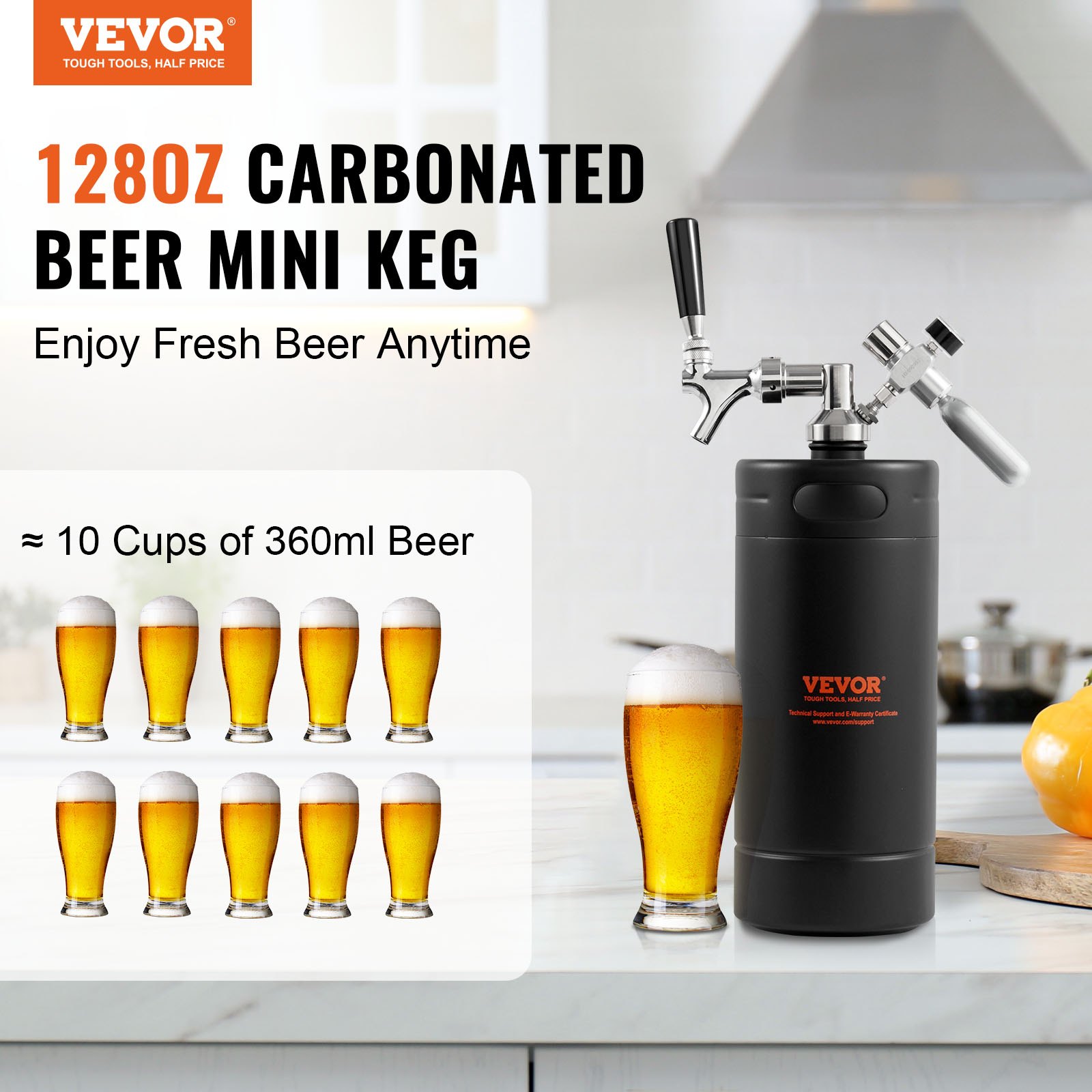VEVOR Mini Barril de Cerveza Portátil 4 L Mini Barril Presión Ajustable 0~30 PSI de Acero Inoxidable Sistema de Grifo Aislado a Presión para Mantener Cerveza Carbonatada Fresca para Camping Pícnic