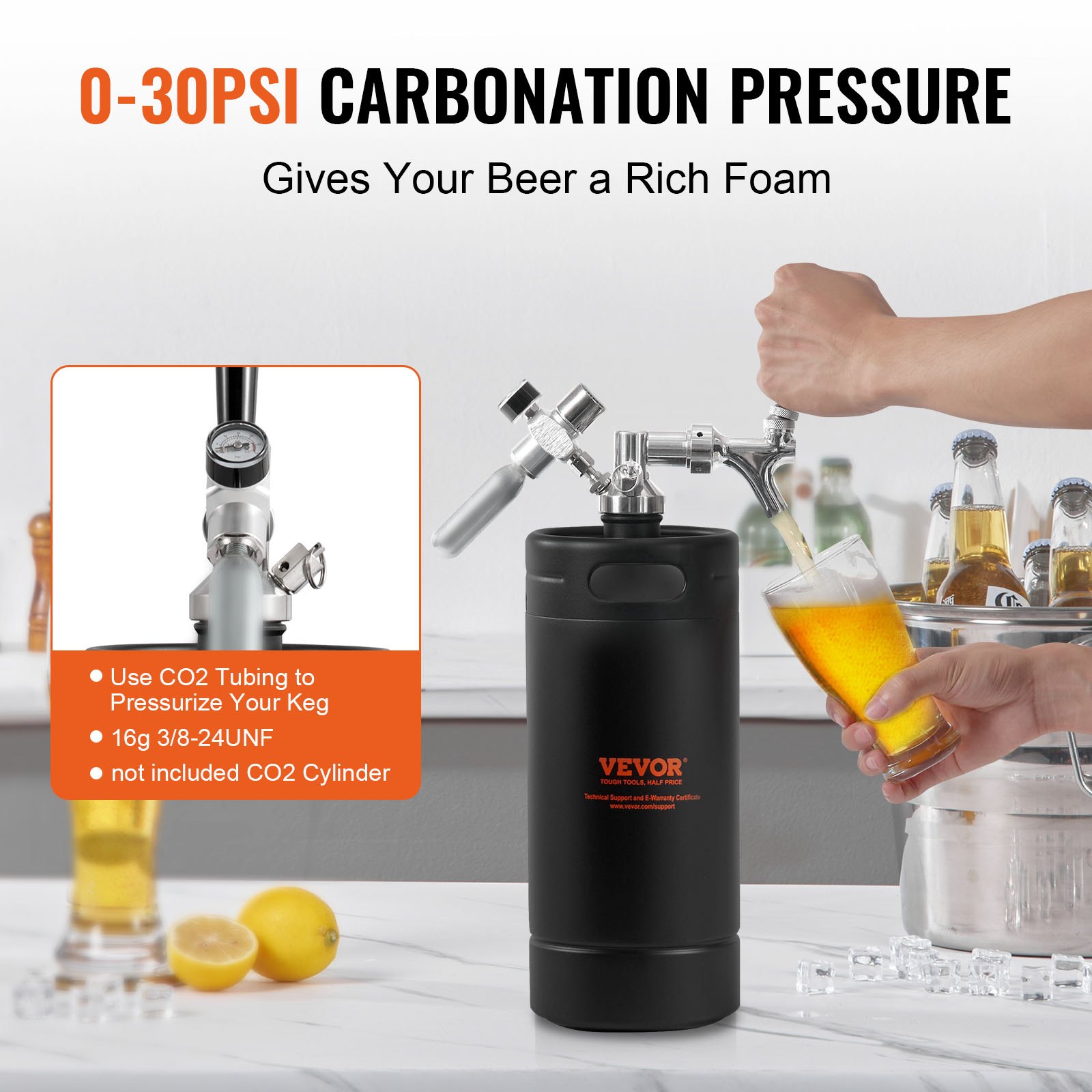VEVOR Mini Barril de Cerveza Portátil 4 L Mini Barril Presión Ajustable 0~30 PSI de Acero Inoxidable Sistema de Grifo Aislado a Presión para Mantener Cerveza Carbonatada Fresca para Camping Pícnic