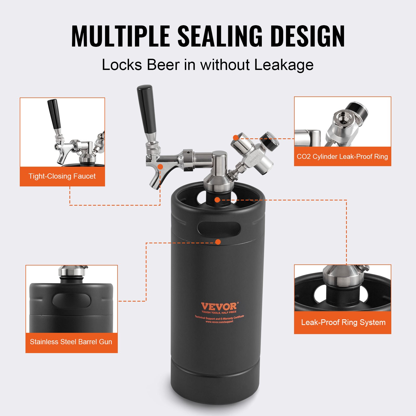 VEVOR Mini Barril de Cerveza Portátil 4 L Mini Barril Presión Ajustable 0~30 PSI de Acero Inoxidable Sistema de Grifo Aislado a Presión para Mantener Cerveza Carbonatada Fresca para Camping Pícnic
