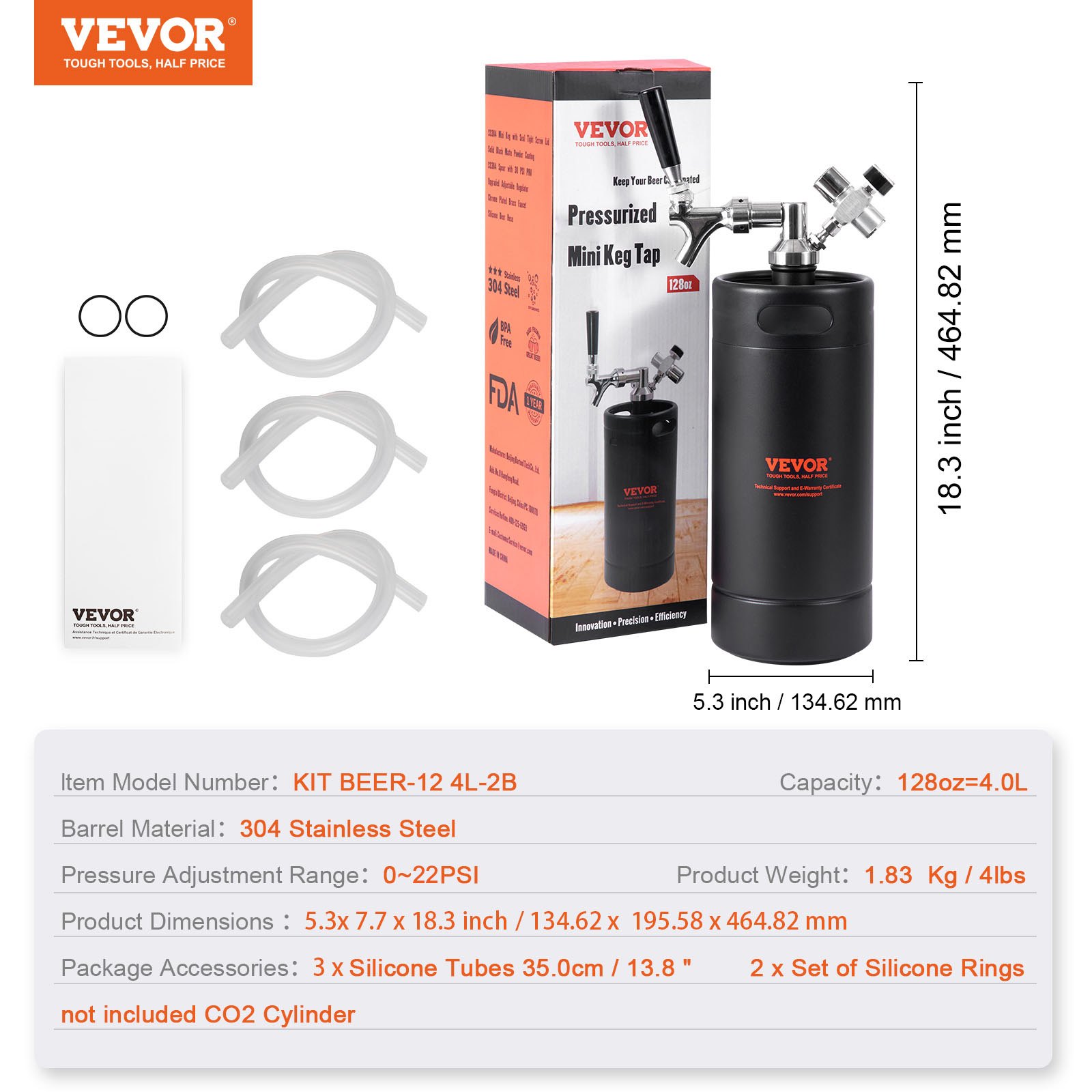VEVOR Mini Barril de Cerveza Portátil 4 L Mini Barril Presión Ajustable 0~30 PSI de Acero Inoxidable Sistema de Grifo Aislado a Presión para Mantener Cerveza Carbonatada Fresca para Camping Pícnic