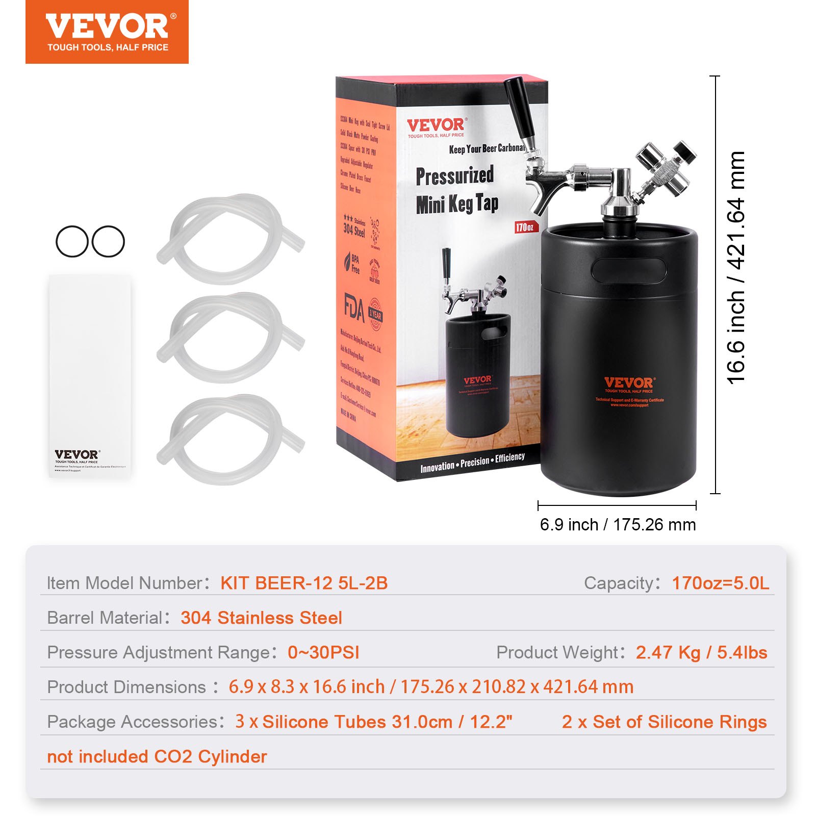 VEVOR Mini Barril de Cerveza Portátil 170oz 5L Mini Barril Presión Ajustable 0~30PSI de Acero Inoxidable Sistema de Grifo Aislado a Presión para Mantener Cerveza Carbonatada Fresca para Camping Pícnic