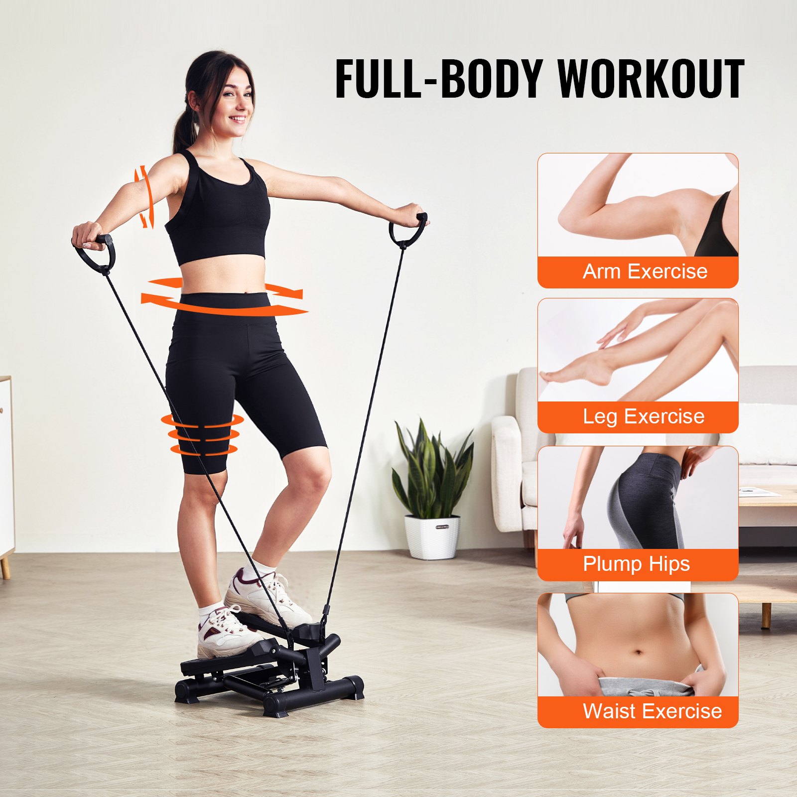 VEVOR Mini Salvaescaleras para Hacer Ejercicio en Casa, Hidráulico Giratorio con Bandas de Resistencia, Equipo Cardiovascular para Entrenamiento de Cuerpo Completo, 390 x 362 x (196-350) mm, Negro