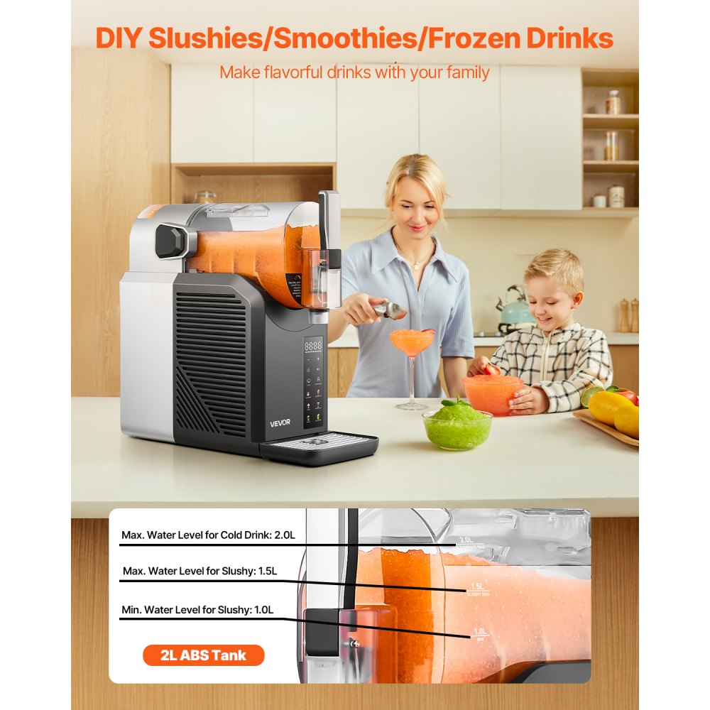 VEVOR Home Slush Machine 2L, No Ice Required, Self-Cleaning, 200W Stainless Steel 304 Frozen Drink Maker, 6 Preset Programs for Frozen Margaritas, Frappés, and Milkshakes