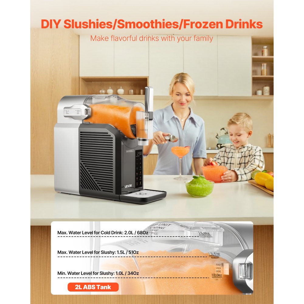 VEVOR Máquina de Granizados Tanque de 2 L sin Necesidad de Hielo con Autolimpieza Fabricado en Acero Inoxidable 304 con 6 Programas Preestablecidos para Margaritas Congeladas, Frappés, Batidos