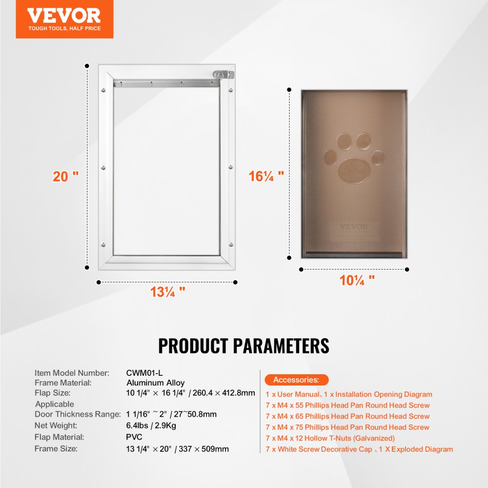 VEVOR Puerta para Mascotas con Sistema de Cerradura y Solapa, Marco de Aluminio de 337 x 509 mm, Puerta para Mascotas para Instalar en Puertas, Puerta de Mascotas para Perritos y Gatitos, Blanca, L