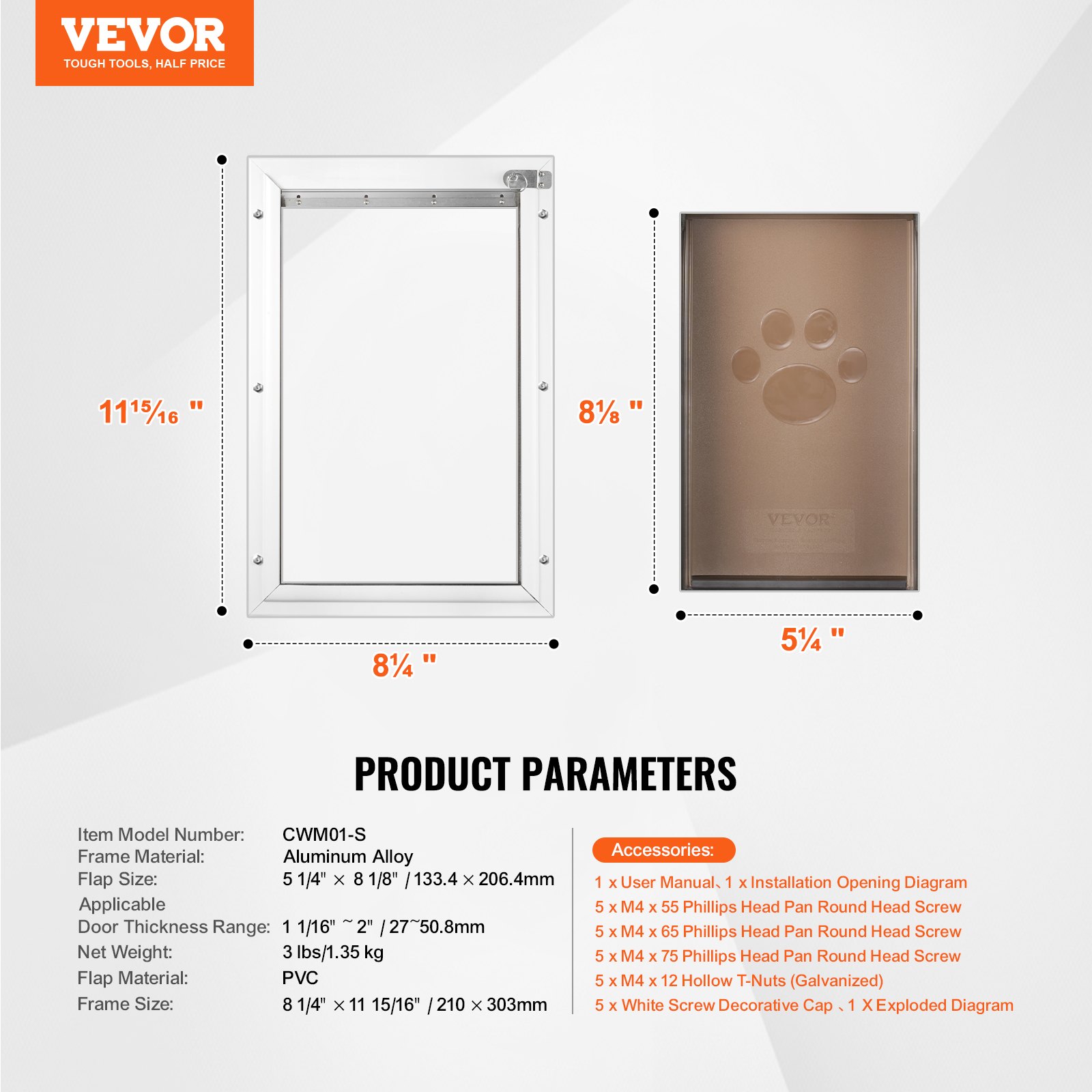 VEVOR Puerta para Mascotas con Sistema de Cerradura y Solapa, Marco de Aluminio de 210 x 303 mm, Puerta para Mascotas para Instalar en Puertas, Puerta de Mascotas para Perritos y Gatitos, Blanca, S