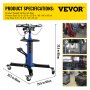 Gato de transmisión VEVOR con especificaciones del producto, base azul y varias escenas de reparación de automóviles.