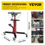 Especificaciones del gato de transmisión VEVOR: 96 libras, 33,5 x 25,6 x 33,5 pulgadas, bandeja de 9,8 x 13,8 pulgadas, escenas de reparación de automóviles.