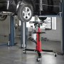 Gato de transmisión VEVOR en taller de reparación de automóviles que eleva vehículo con elevador hidráulico y cuatro ruedas.