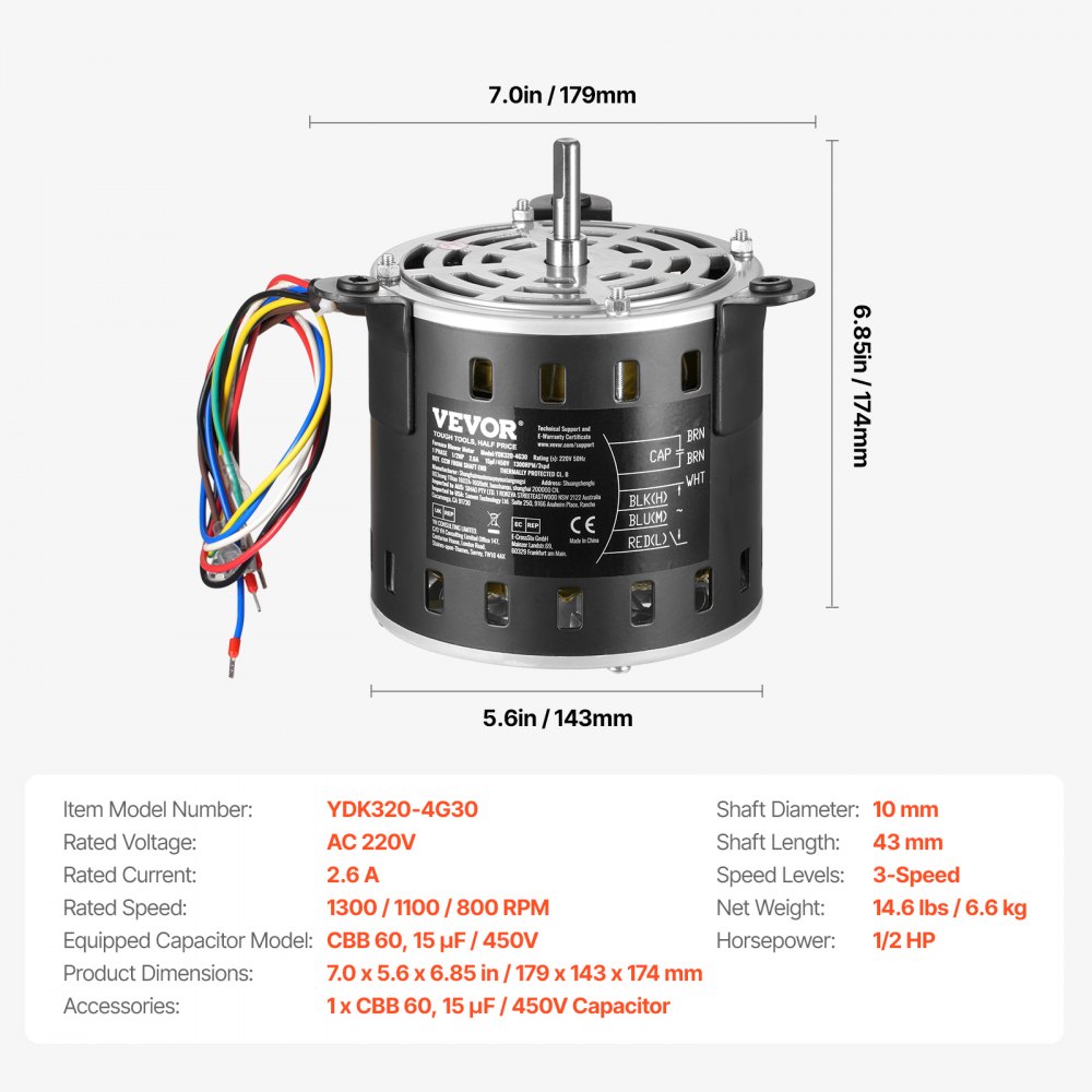 VEVOR 1/2 HP blower motor, 220 V, 2.6 Amps, 1300 rpm, 3 speeds (1300/1100/800 rpm), 10 mm shaft diameter, 20 mm shaft length, red. CCW from shaft end, incl. CBB60 15 μF/450 V capacitor