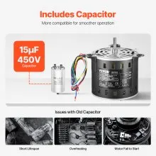 VEVOR Motor de Soplador de Horno 1/2 HP 220 V 2,6 A 1300 RPM 3 Velocidades Negro