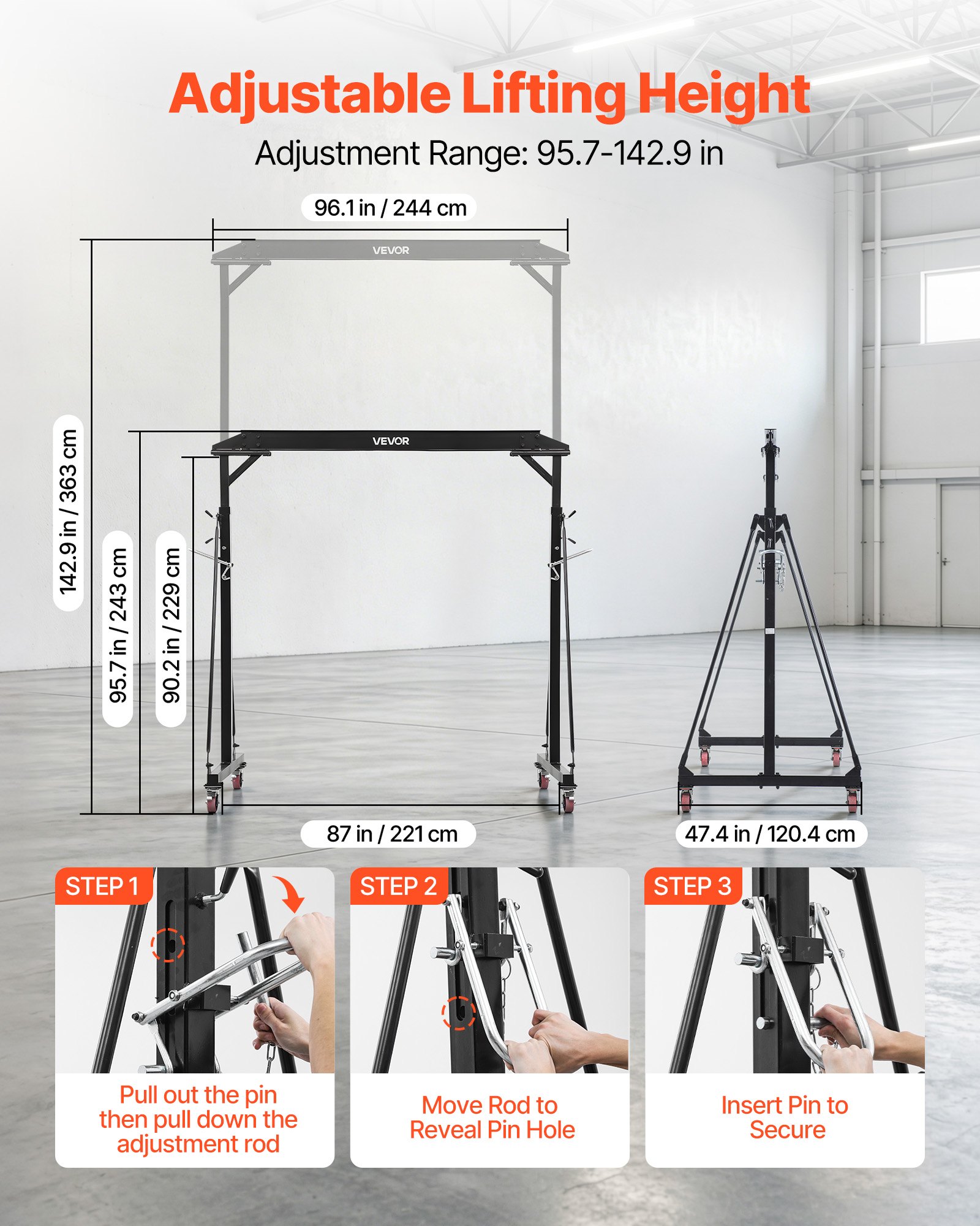 VEVOR Grúa Pórtico Capacidad de 997 kg, Grúa Pórtico Móvil, Estructura de Acero Resistente a la Corrosión, Altura Ajustable de 243 a 363 cm, Ruedas con Bloqueo, para Cargas Pesadas, Garaje, Almacén