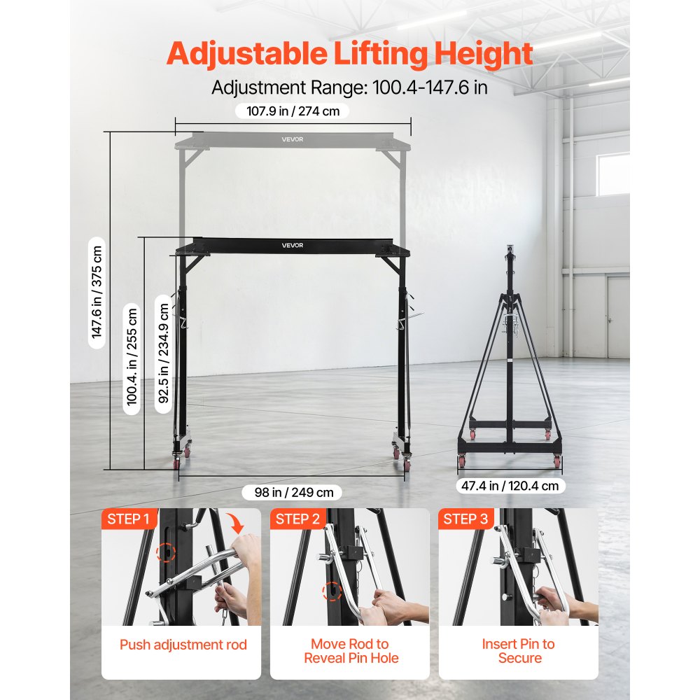 VEVOR Grúa Pórtico Capacidad de 2268 kg, Grúa Pórtico Móvil con Carro Manual, Ruedas con Bloqueo, Altura Ajustable de 255 a 375 cm, Estructura de Acero para Taller, Garaje, Almacén y Cargas Pesadas