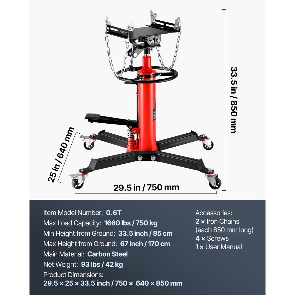 VEVOR Gato de Transmisión Hidráulico 1660 lbs Telescópico Vertical de Elevación 85 x 65 x 85 cm Rojo Acero Bomba Hidráulica de Pie de Elevación Gatos de Accionamiento Hidráulico de un Cilindro