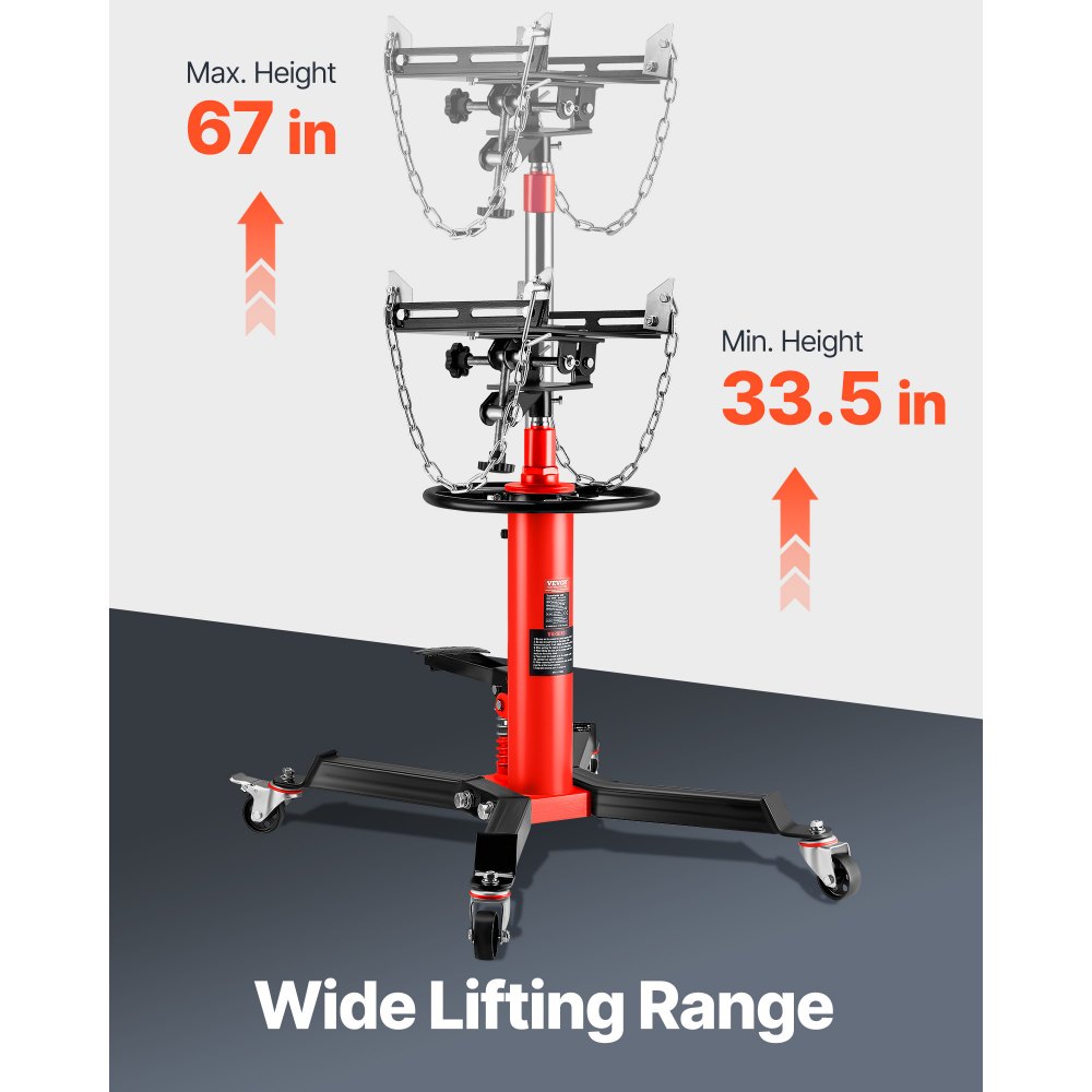 Gato de transmisión VEVOR con rango de elevación de 33-1/2&quot;-67&quot; y diseño de pedal para un ajuste de altura sin esfuerzo.