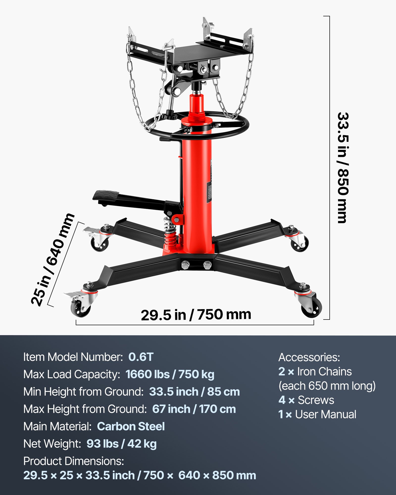 VEVOR Gato de Transmisión Hidráulico 1660 lbs Telescópico Vertical de Elevación 85 x 65 x 85 cm Rojo Acero Bomba Hidráulica de Pie de Elevación Gatos de Accionamiento Hidráulico de un Cilindro