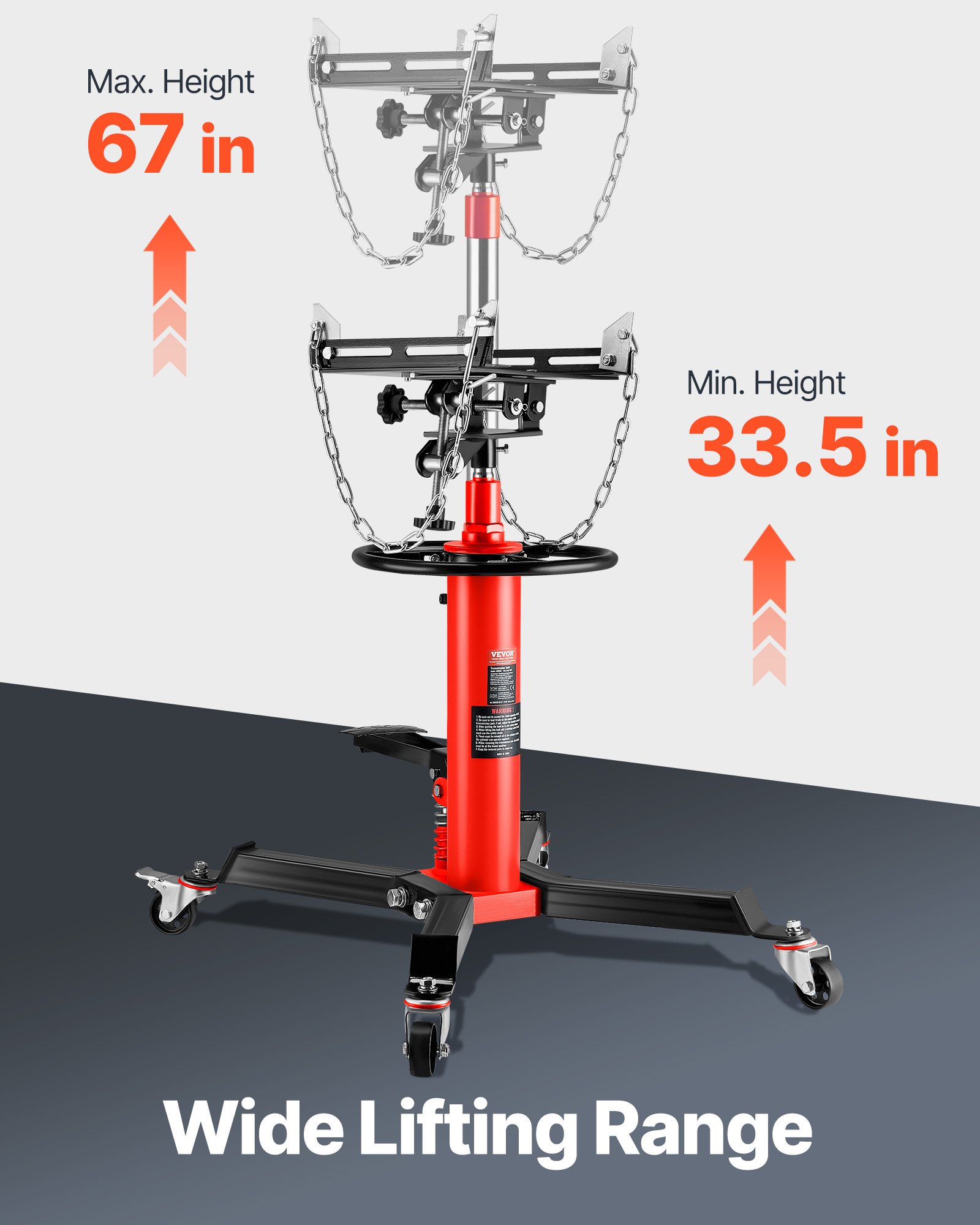 Gato de transmisión VEVOR con rango de elevación de 33-1/2&quot;-67&quot; y diseño de pedal para un ajuste de altura sin esfuerzo.