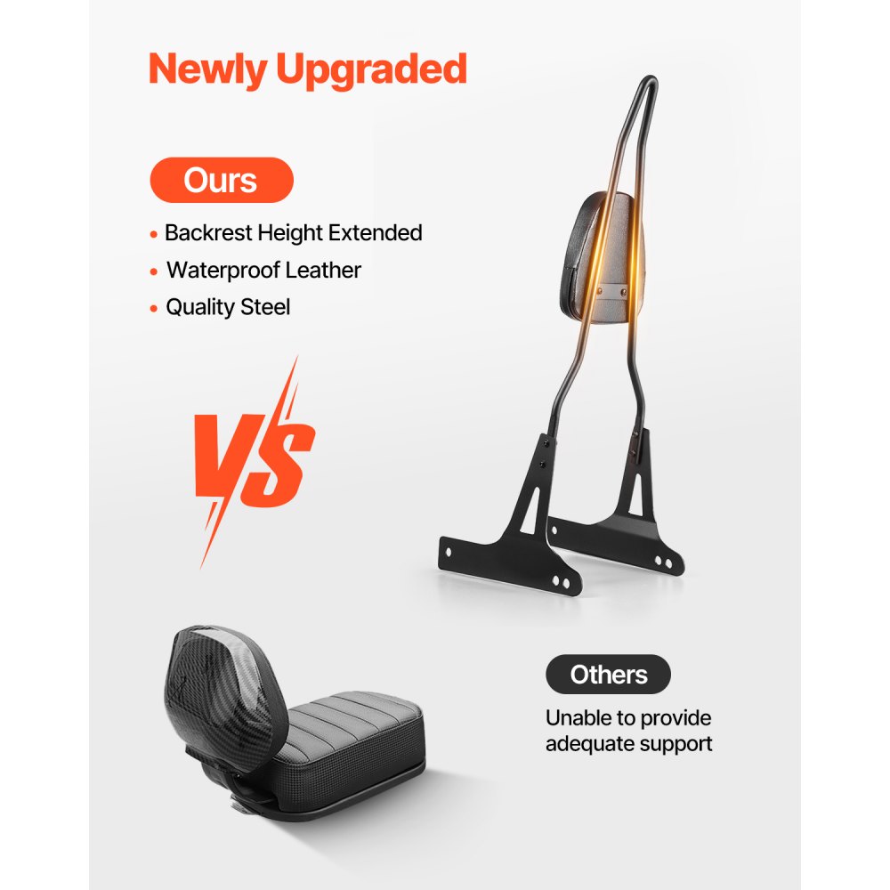 VEVOR Respaldo Desmontable para Motocicleta, Compatible con Harley-Davidson Dana, Respaldo de Cuero, Altura de 730 mm, Resistente, Instalación Sencilla, para Viaje Largo, Negro, 385 x 230 x 730 mm