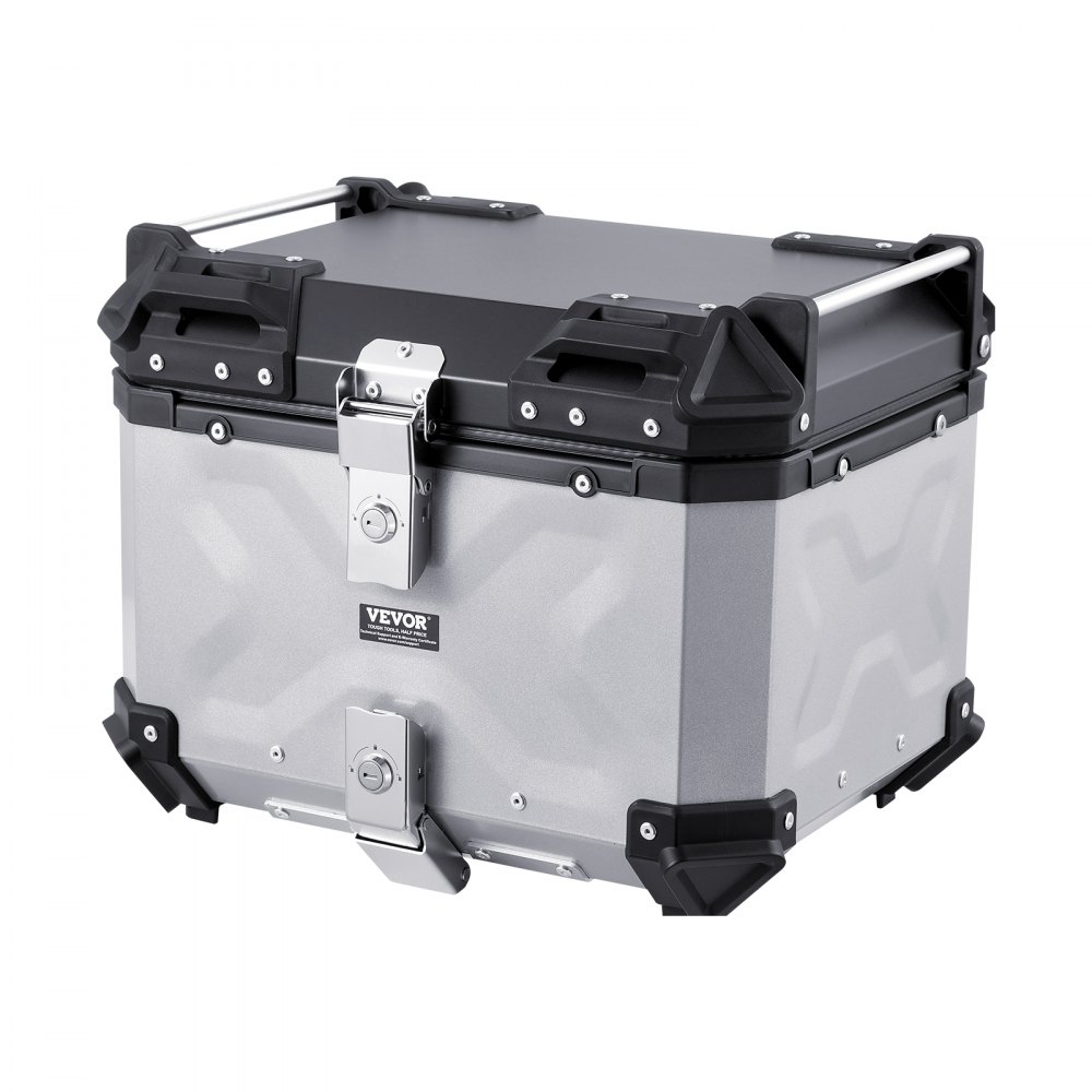 VEVOR Motorcycle Top Case, 45L Rear Box made of Aluminum Alloy with Leather Lining, Detachable Motorcycle Top Box with Lock & Backrest Pad, Helmet Case (435 x 378 x 348 mm) Silver