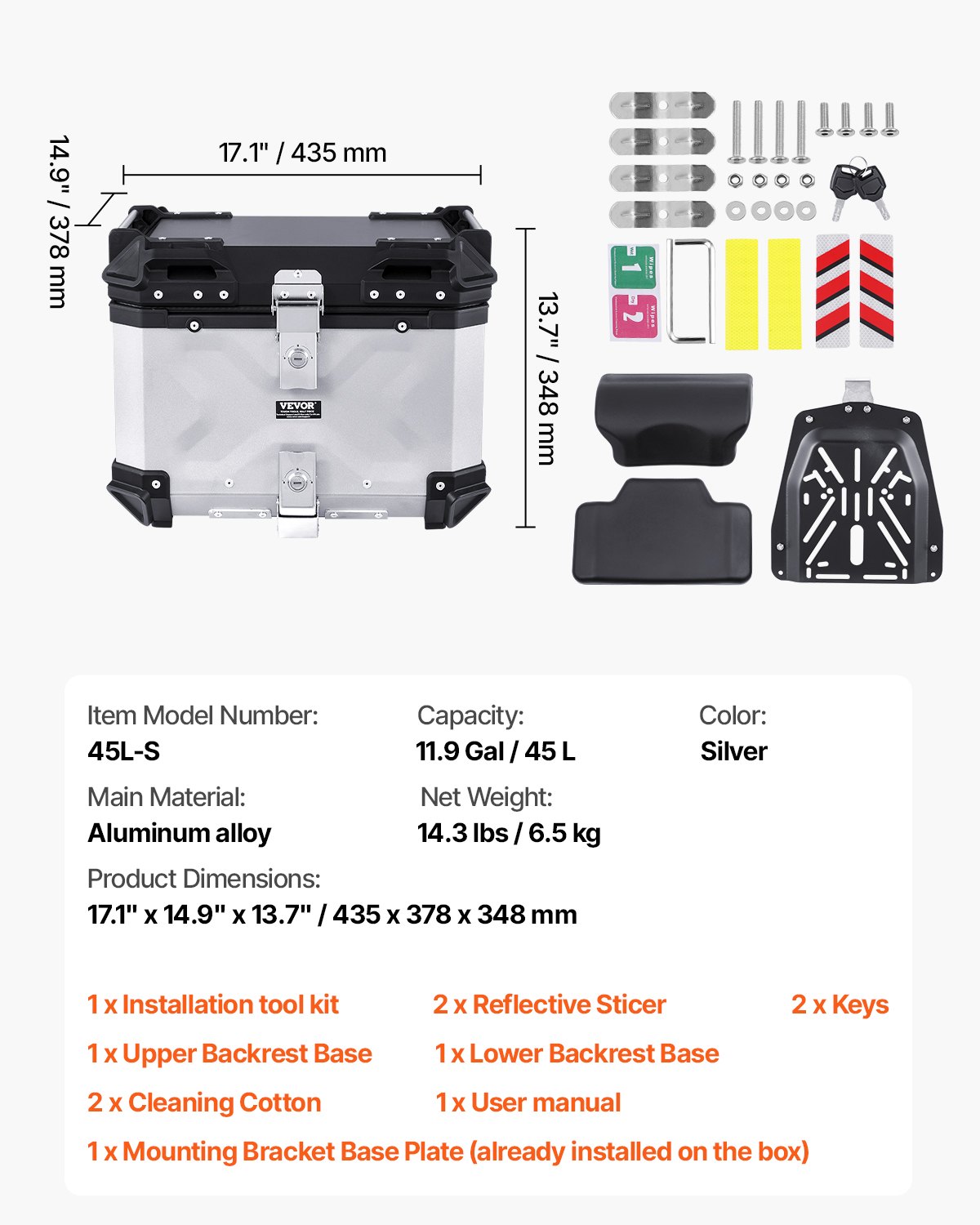 VEVOR Motorcycle Top Case, 45L Rear Box made of Aluminum Alloy with Leather Lining, Detachable Motorcycle Top Box with Lock & Backrest Pad, Helmet Case (435 x 378 x 348 mm) Silver