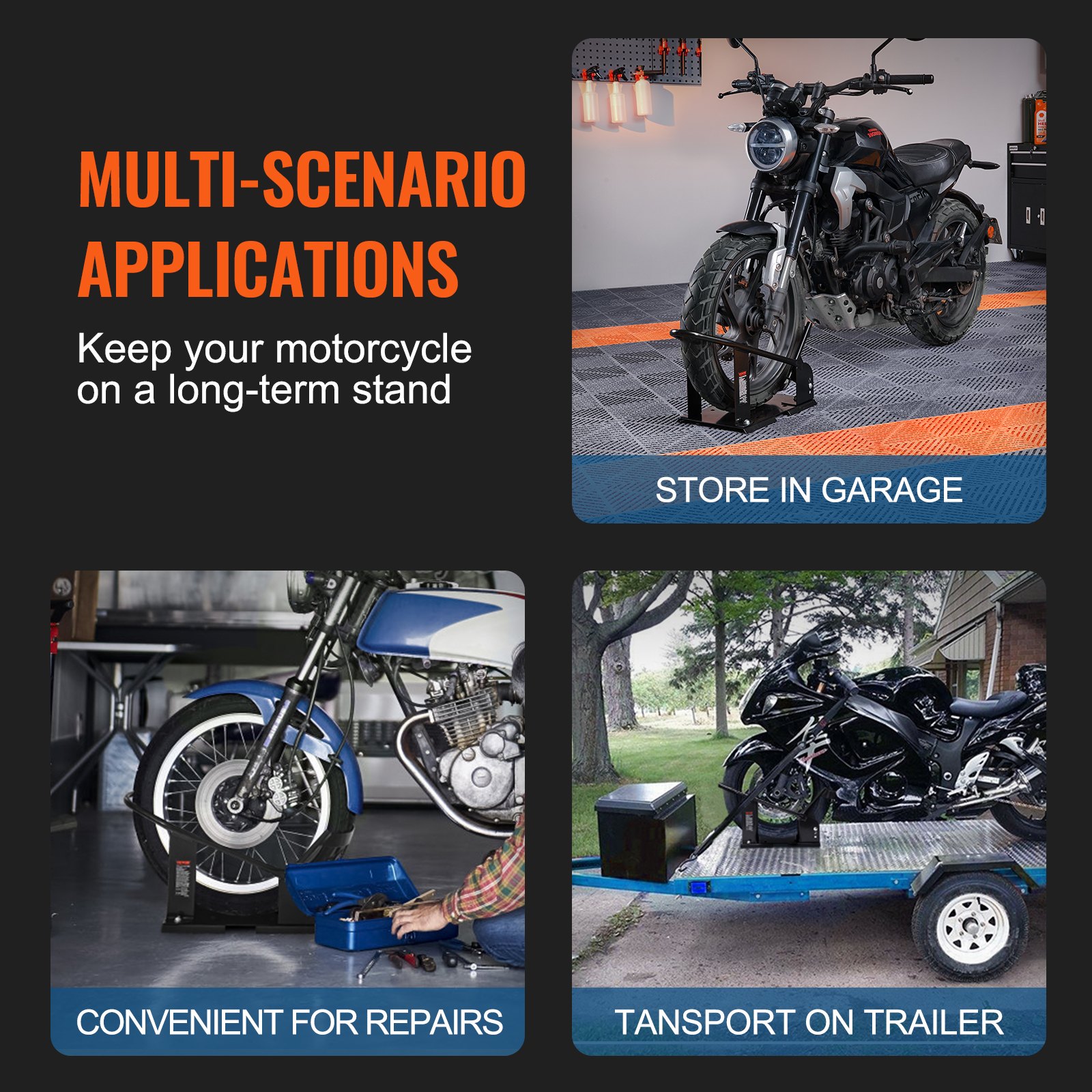 VEVOR Soporte de Rueda de Motocicleta Capacidad de 816,5 kg Calzo de Rueda Diámetro de 381-533,4 mm Ancho de 76,2-203,2 mm Soporte de Transporte de Acero para Remolque Taller Garaje