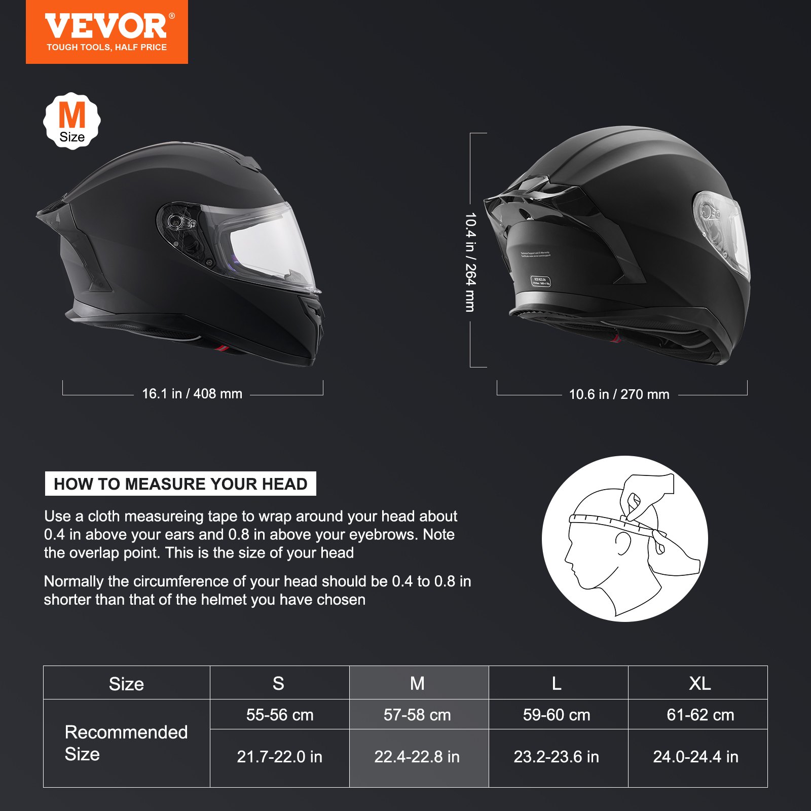 VEVOR Casco de Motocicleta Integral, ABS Alta Densidad con Ranura para Bluetooth y Lentes Intercambiables, Cómodo Casco Motocross, para Jóvenes y Adultos, 408 x 270 x 264 mm, Talla M, Negro