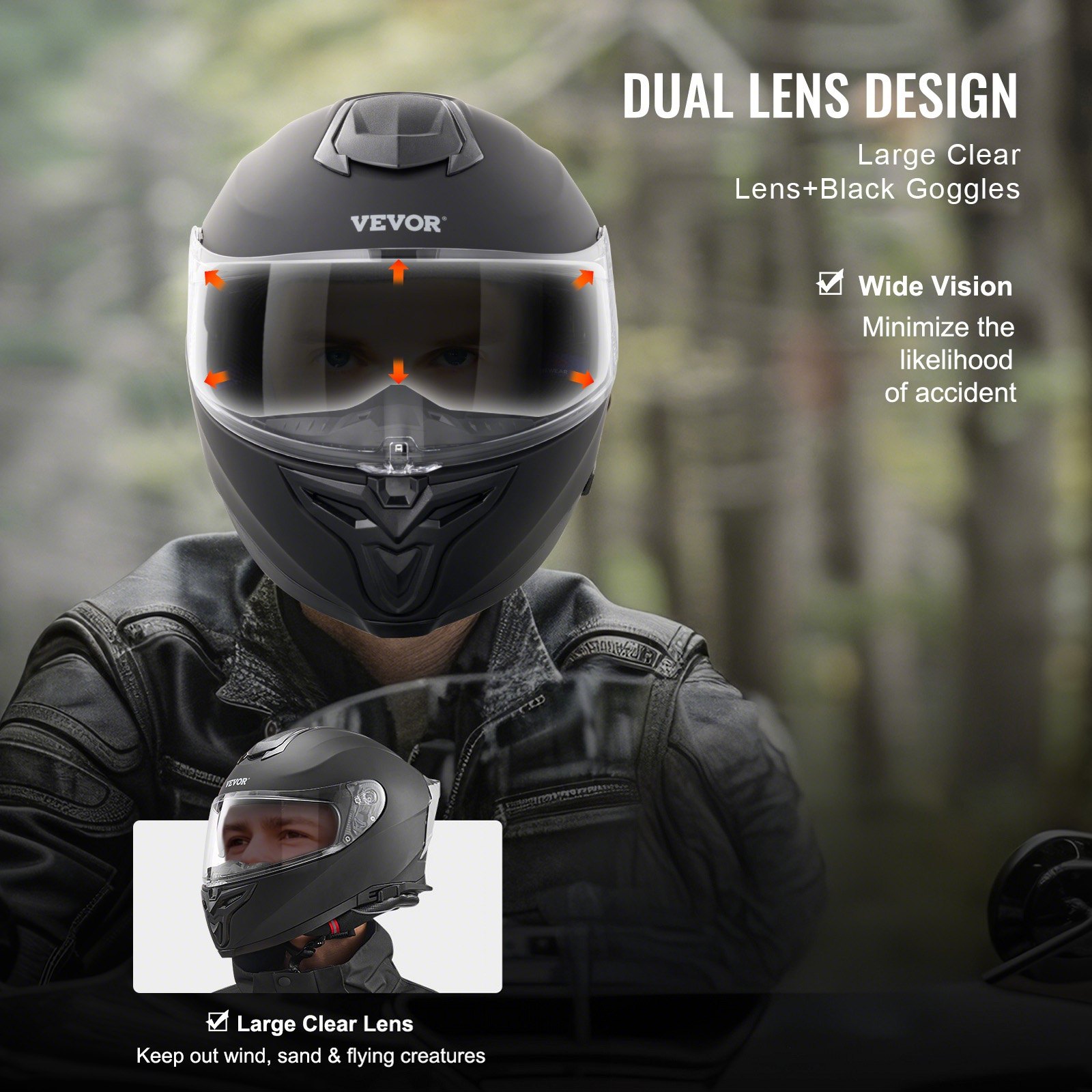 VEVOR Casco de Motocicleta Integral, ABS Alta Densidad con Ranura para Bluetooth y Lentes Intercambiables, Cómodo Casco Motocross, para Jóvenes y Adultos, 408 x 270 x 264 mm, Talla M, Negro